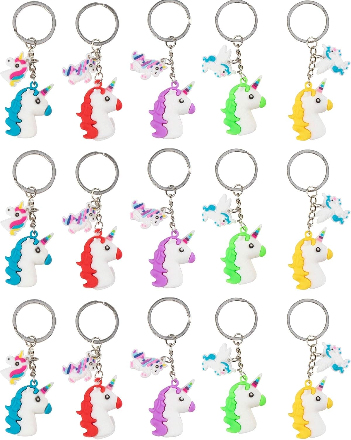 Rainbow Unicorn Head Key Chains - 15-Pack Silicone Rubber Keychains for Girls, Assorted Unicorn-Themed Party Supplies Favors, Ideal for Fantasy Parties, Magical Birthdays, Game Prizes