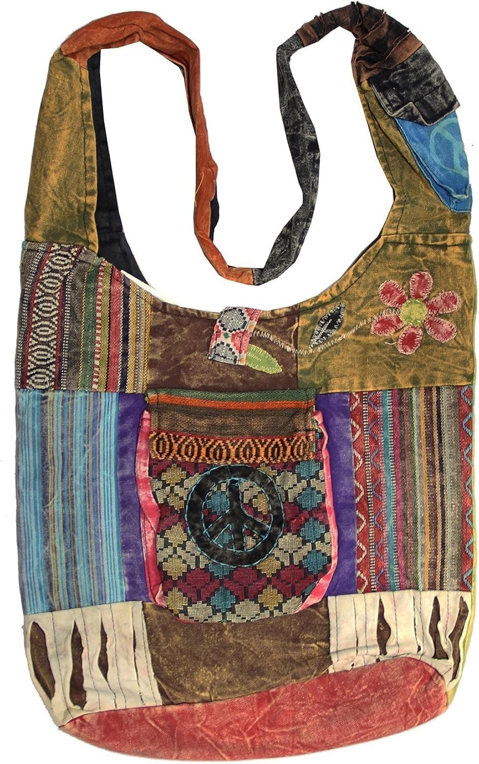 Boho Bohemian Recycled Ripped Razor Cut Patch Fringe Peace Sling Crossbody Monk Bag Purse Nepal
