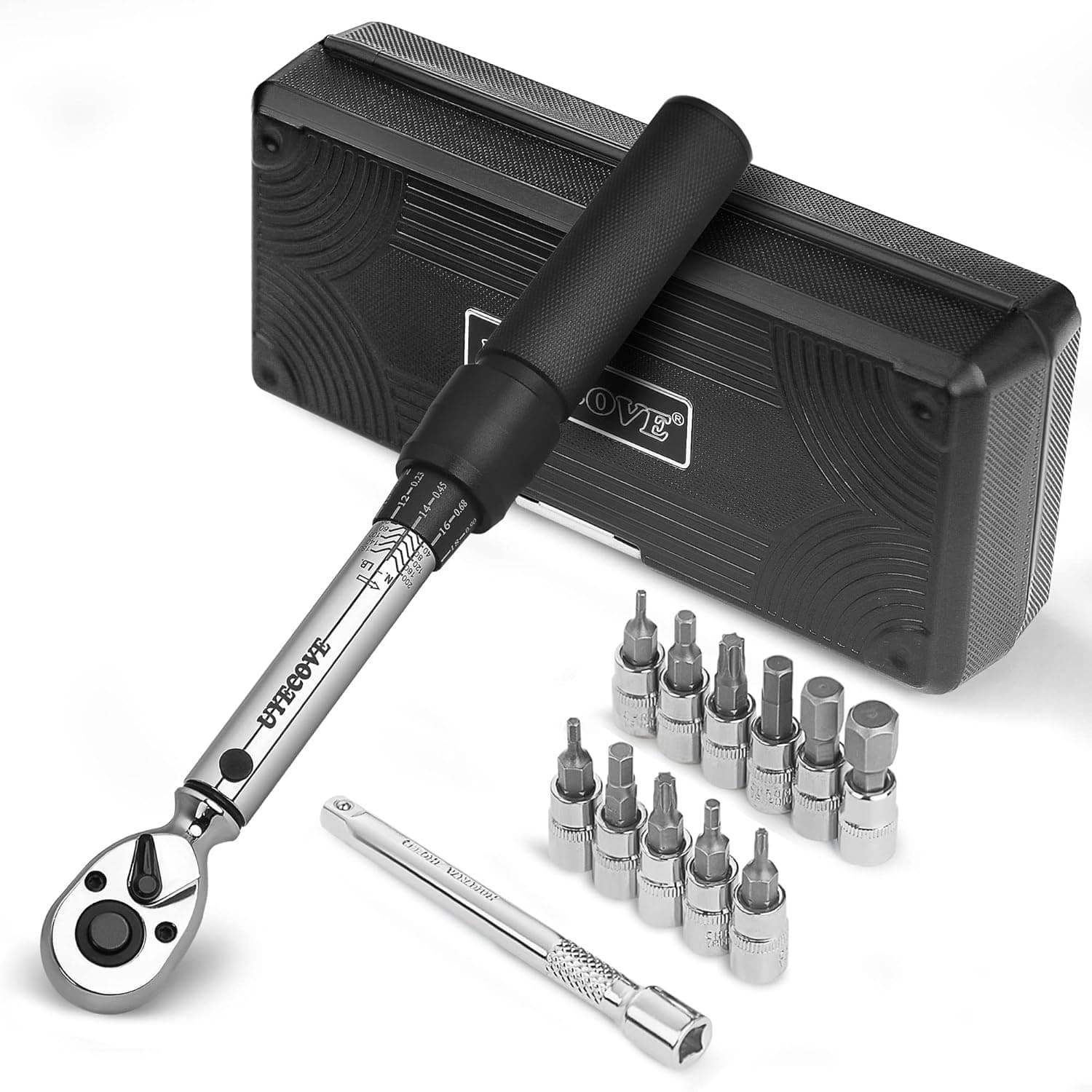 UYECOVE 1/4 Inch Drive Torque Wrench 20-200IN.LB, 13Pcs Bike Torque Wrench Set, Bicycle Maintenance Tool Kit for MTB Mountain Road, with Allen Hex, Torx Sockets, Extension Bar, Storage Case, Black