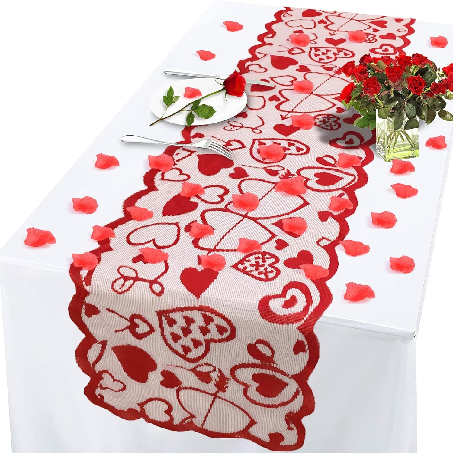 Valentines Day Table Runner - 13 x 72 Inch Red Lace Table Runner for Wedding Party, Valentines Decorations - Valentines Day Decor Home Heart Table Runner