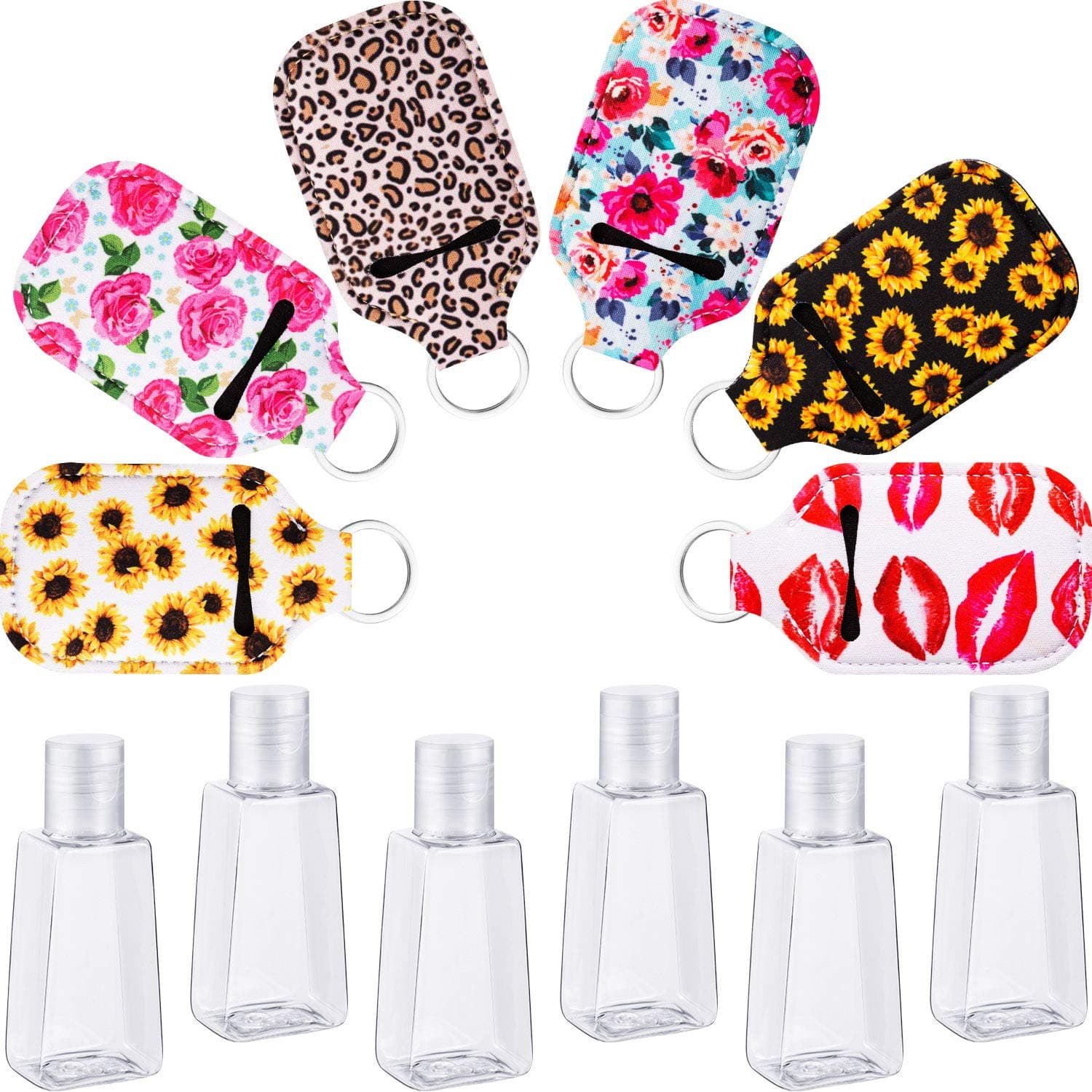 6 Pieces Empty Travel Size Bottle Keychain Holder Reusable Bottles with 6 Pieces Keychain Carriers 30 ml Flip Cap Refillable Bottles for Liquids