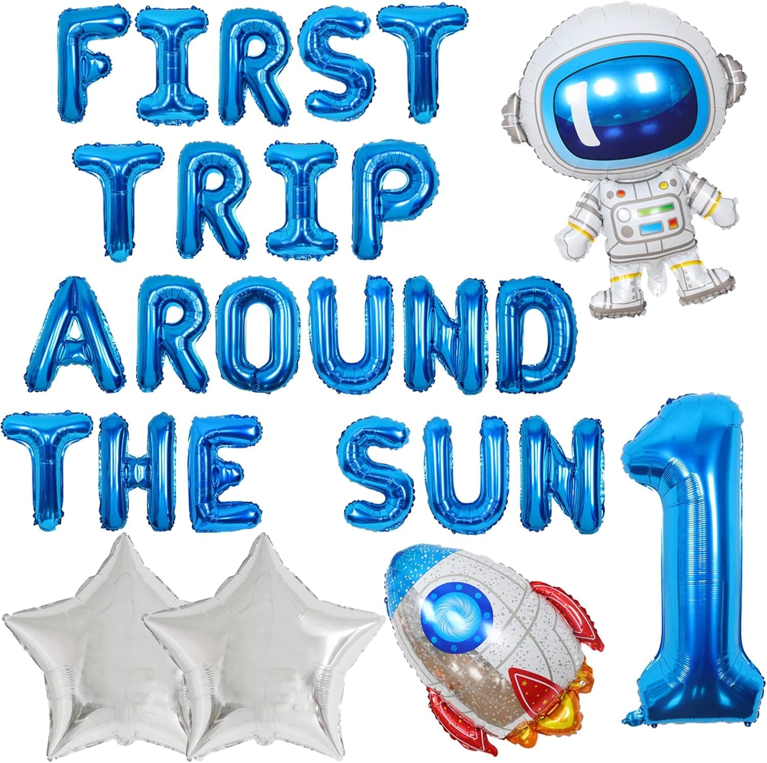 First Trip Around the Sun Outer Space 1st Birthday Party Decorations Birthday Astronaut Rocket Balloons Blue Silver for Boys First Birthday Party Supplies