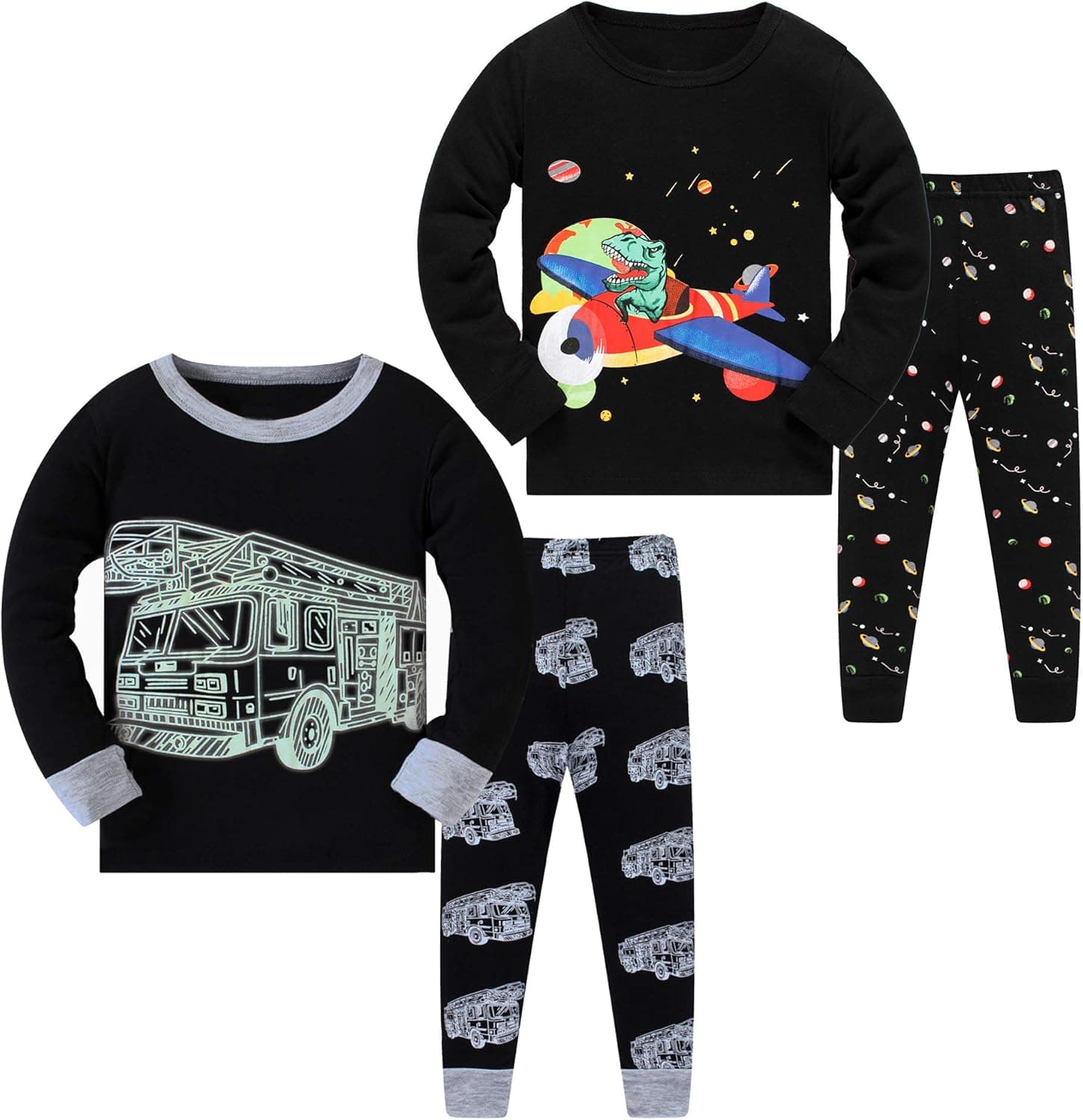 AmberEft Boys Pajamas Kids PJs Cars Dinosaur Rocket Space 4-Piece PJs Long Sleeve Sets Sleepwear 2-12 Years