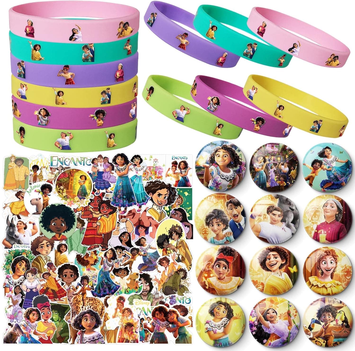 Encanto Party Supplies,74pcs Encanto Party Favors Include 12 Button Pins,12 Bracelets,50 Stickers,Encanto Birthday Party Decorations for Boy and Girls