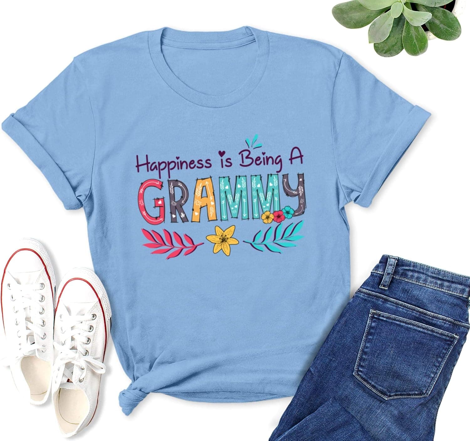 Happiness is Being A Grammy Shirt for Womens Vintage Flower Grandma T-Shirt