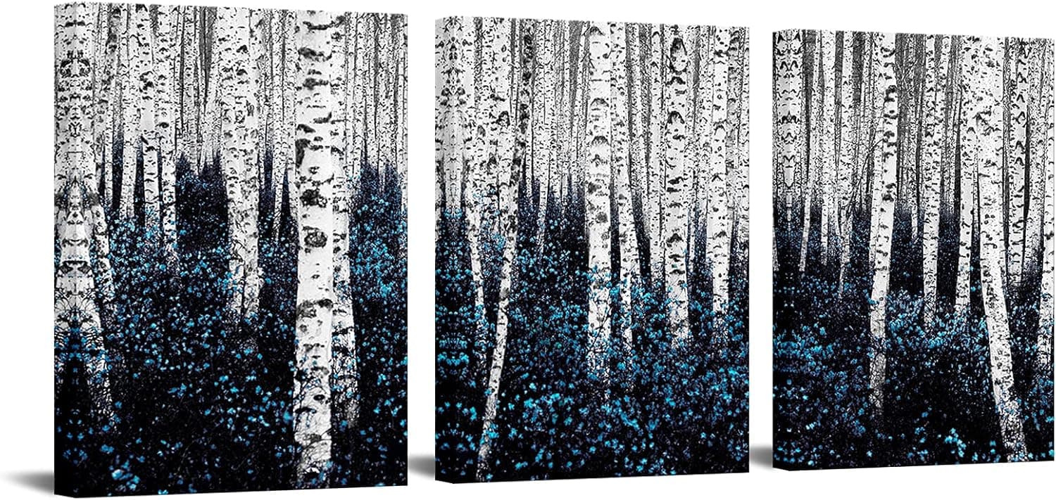 sechars - Birch Tree Canvas Wall Art Blue Forest Pictures Teal Gray Aspen Painting Modern Landscape Canvas Art Turquoise Wall Decor for Bathroom Bedroom Decor Set of 3