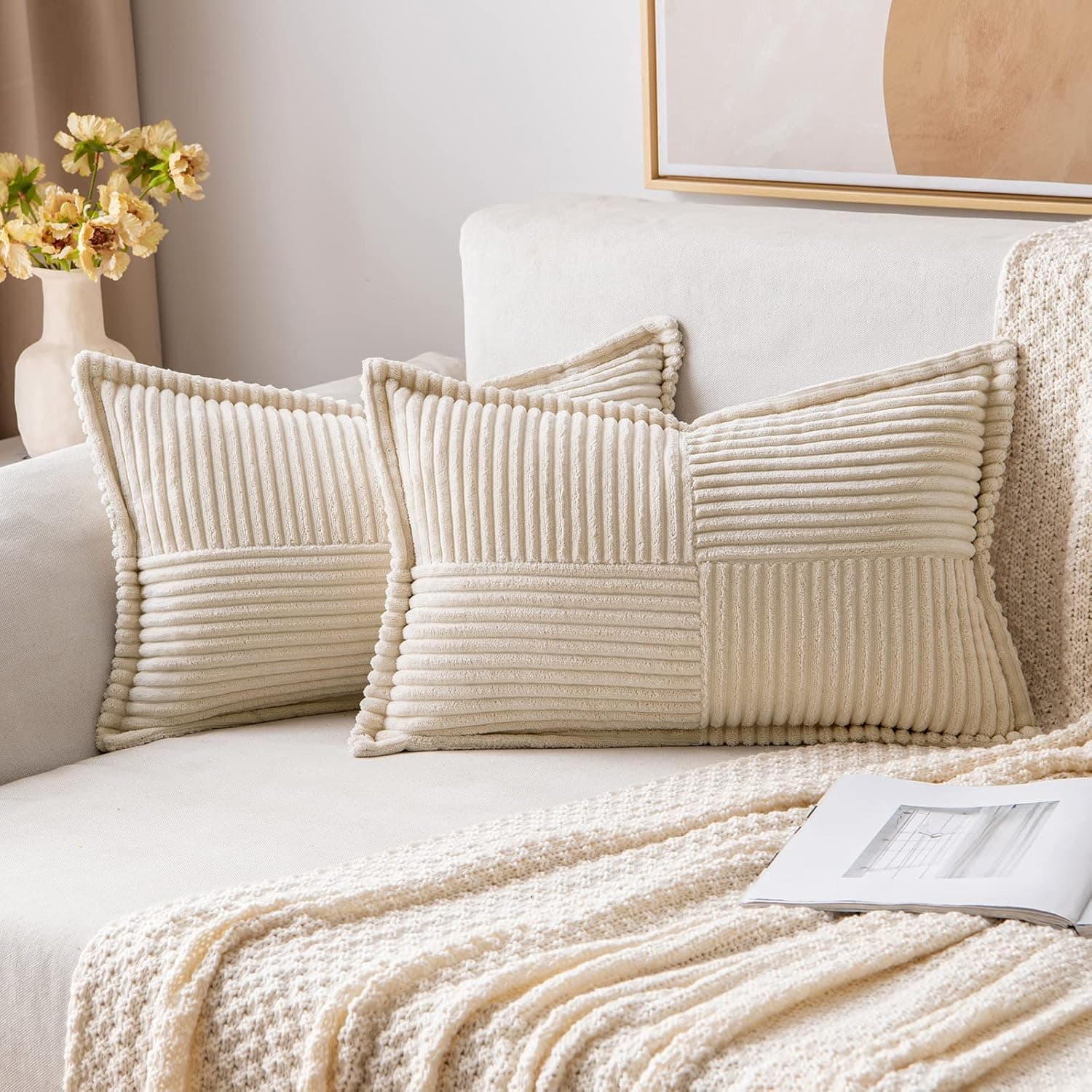 MIULEE Corduroy Pillow Covers with Splicing Set of 2 Super Soft Boho Striped Pillow Covers Broadside Decorative Textured Throw Pillows for Spring Couch Cushion Livingroom 12 x 20 inch, Beige