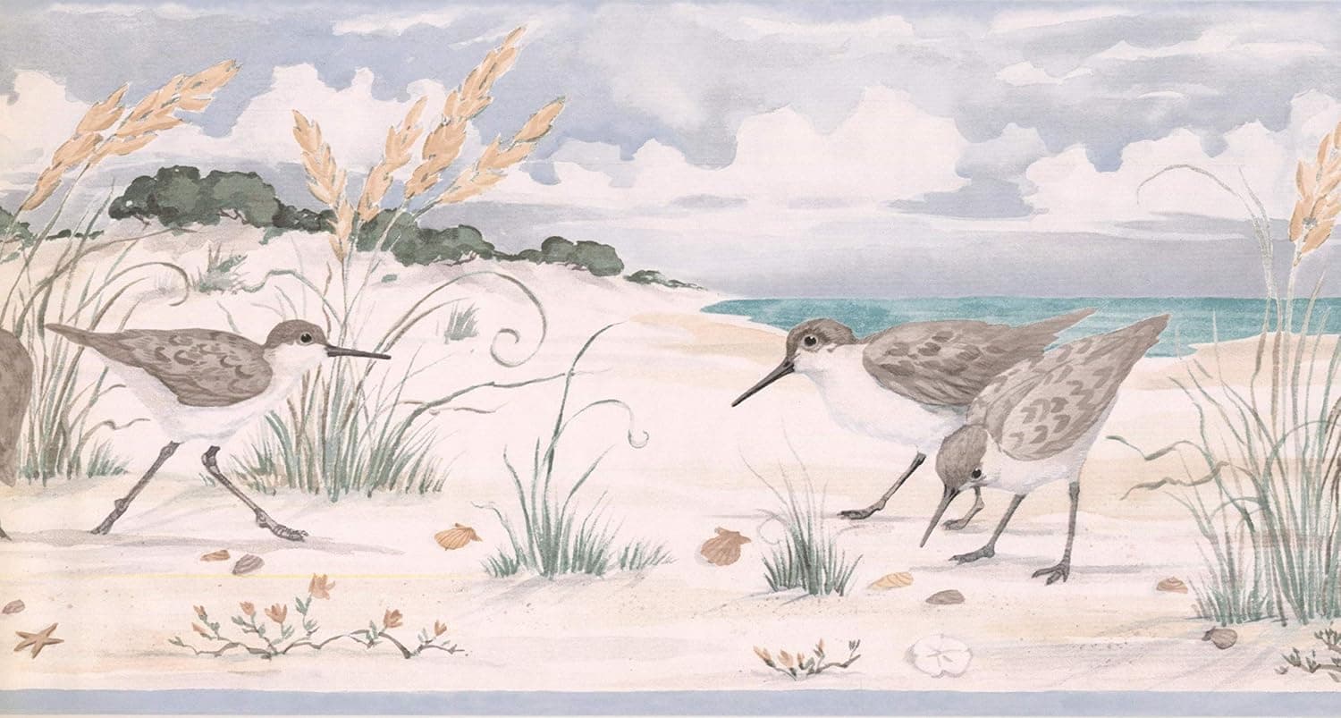 CONCORD WALLCOVERINGS ™ Classic Wallpaper Border Featuring Beach Birds on Beige and Blue Background, Size 10.25 Inches by 15 Feet PB201B