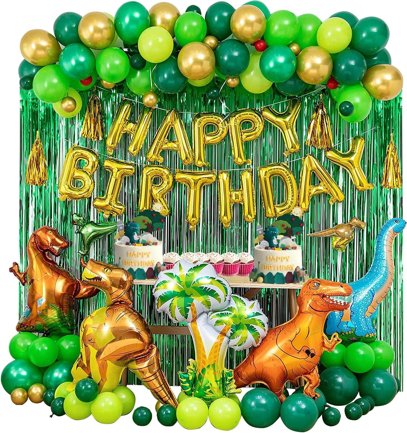 Dinosaur Party Decorations, HOLAGZ 118 PCS Dinosaur Birthday Party Supplies w/ Huge Dinosaurs Balloons, Balloons Arch Garland, Rain Curtains, Happy Birthday Balloons Banner, Coconut Tree (Gold, Green)