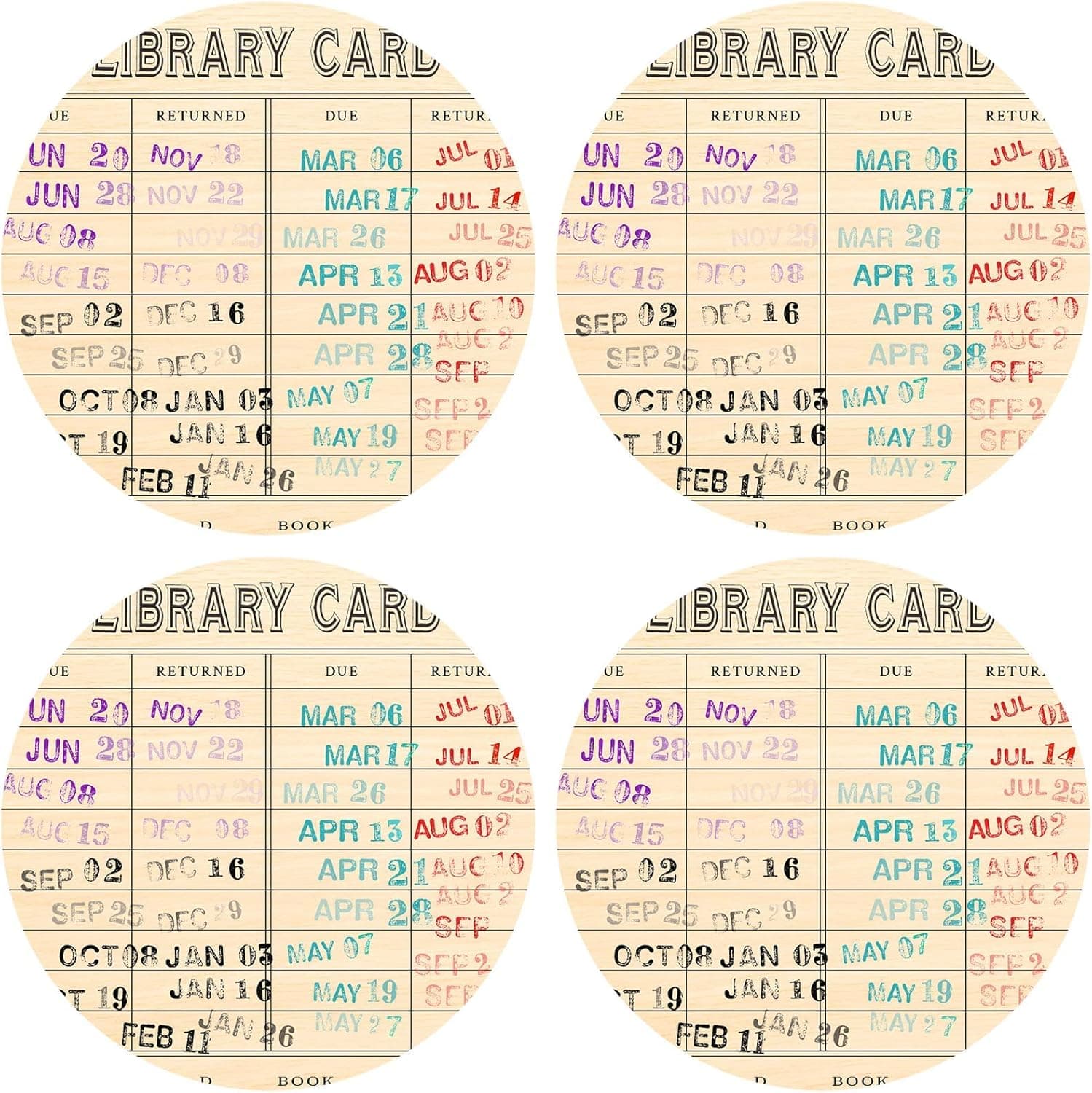 4 Pieces Vintage Library Due Date Card Coaster Set, Gift for Book Lovers Library Decor Coasters Set Book Coasters Drink Coffee Mug Coaster for Book Lovers Writers Women Men (Round)