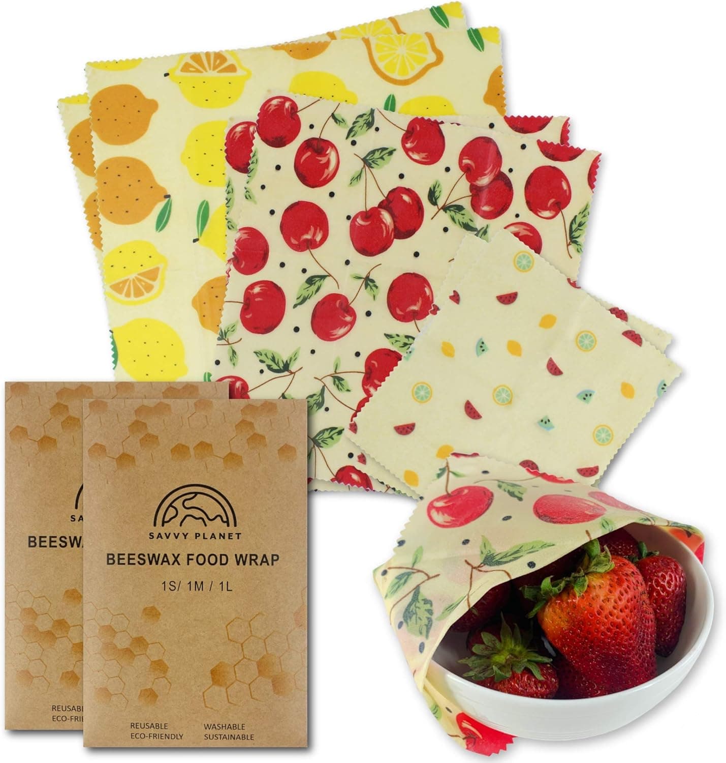 SAVVY PLANET Beeswax Wrap Organic Reusable Food Wraps | Eco Friendly Storage | All Natural Zero Waste | 3 Sizes Premium Plastic Free Non Toxic Sustainable (2-Pack)
