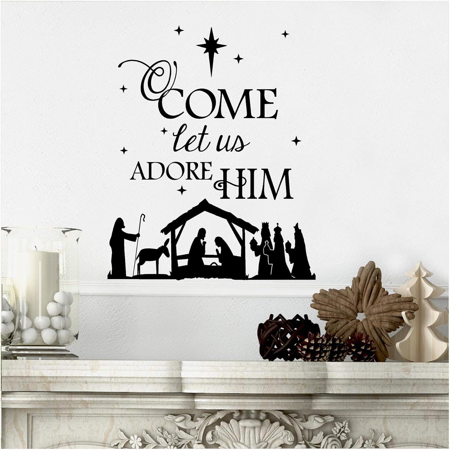 (Nativity) O Come Let Us Adore Him wall saying vinyl lettering decal home decor art quote sticker (Black, 16x21)
