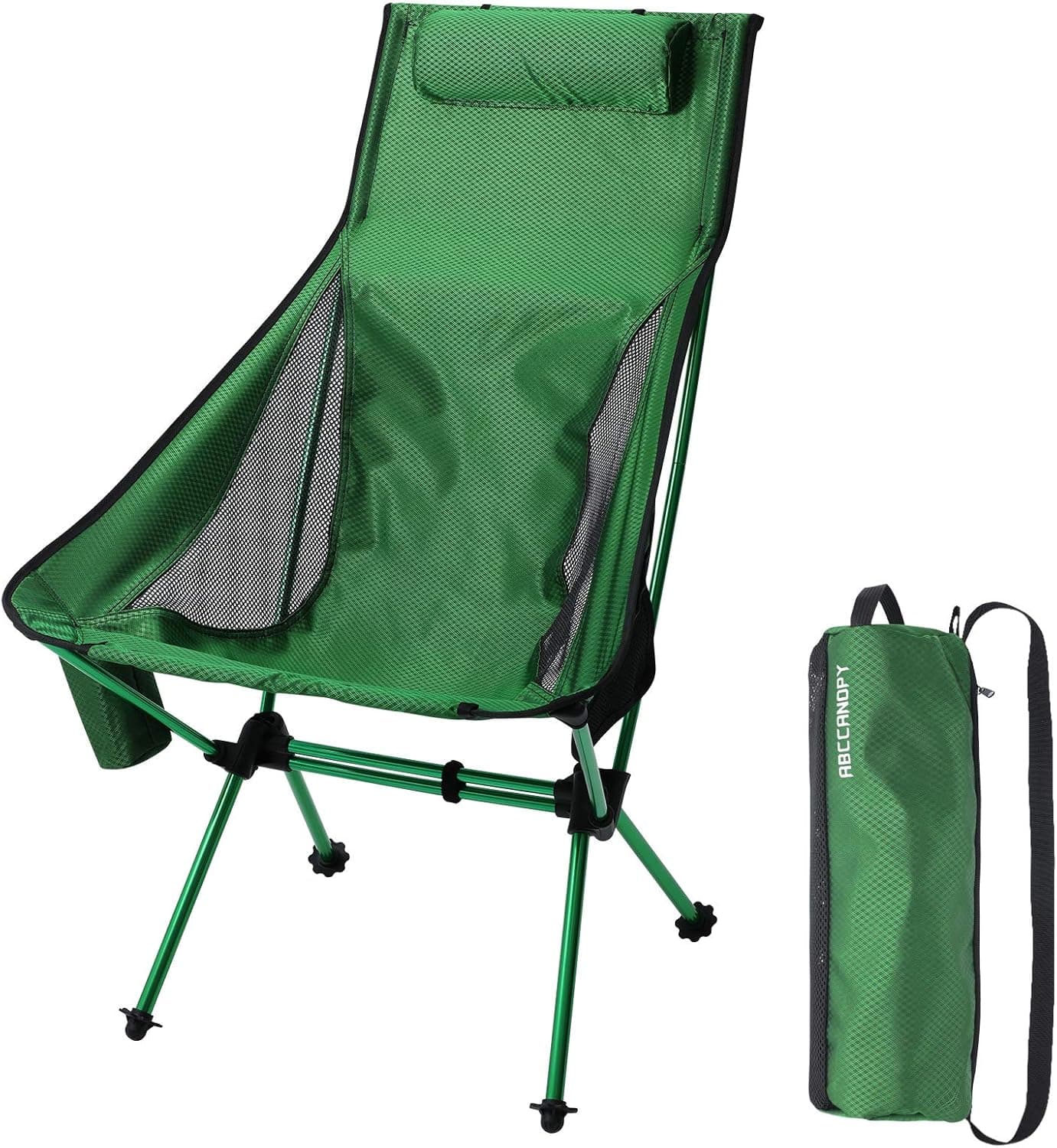 ABCCANOPY Ultralight High Back Folding Camping Chair with Headrest, Side Pocket & Carry Bag 330lbs Capacity for Outdoor Camping,Travel,Hiking (Green)