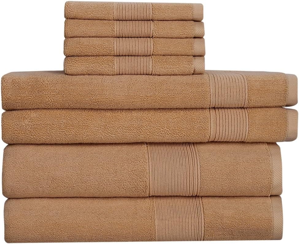 Life Sunshine 100% Cotton 8-Piece Towel Set, Super Absorbent and Soft 2 Bath Towels, 2 Hand Towels and 4 washcloths (BEIGE)