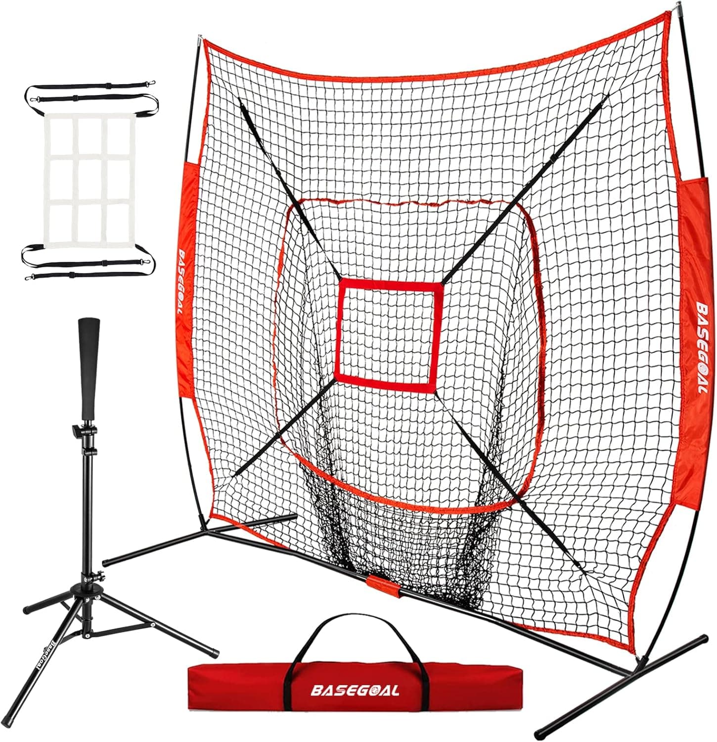 BaseGoal 7'×7' Baseball Softball Practice Net,Baseball Backstop,with Batting Tee,for Hitting Pitching Batting Catching with Bow Frame,Bonus Strike Zone