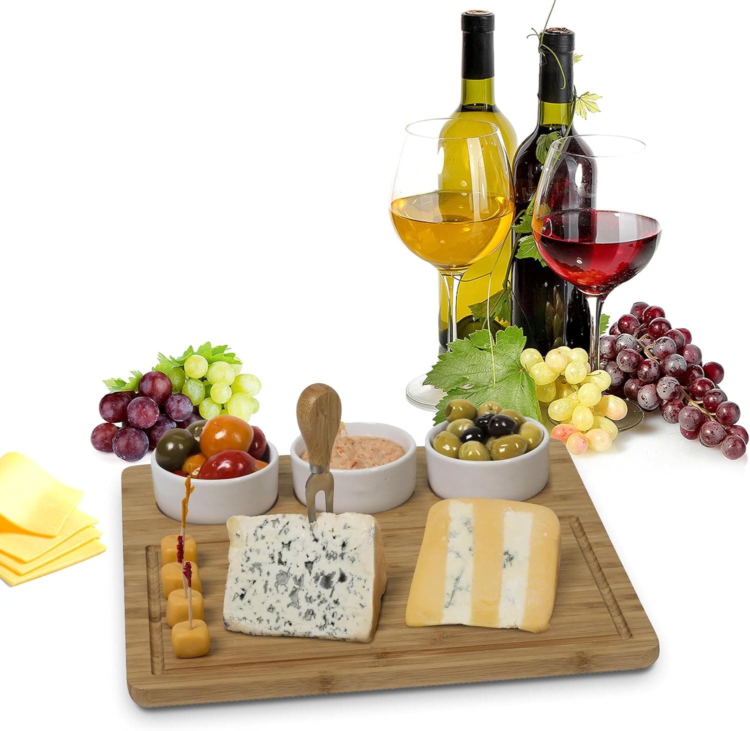 Bamboo Cheese Board And meat Serving Platter - With 3 Removable Ceramic Bowls Server Set. For Salads And Appetizers. Perfect Gift Idea Life Time Warranty, By House Ur Home