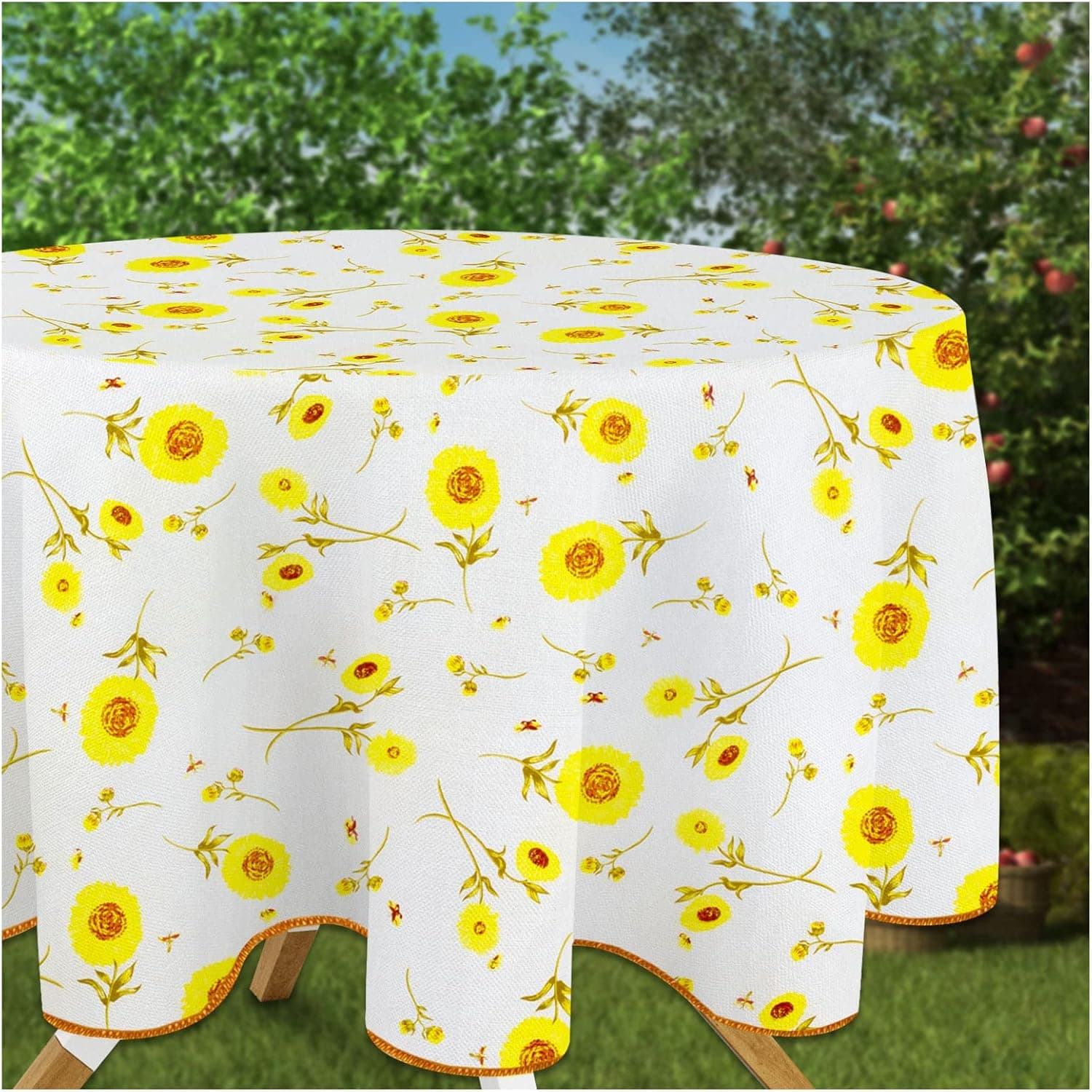Sunflower Tablecloth Round, Waterproof Spill-Proof PVC Round Table Cover, Stain-Resistant Vinyl Flannel Backed Tablecloth for Kitchen Outdoor Barbecue Indoor Dining (60 x 60 Inch)