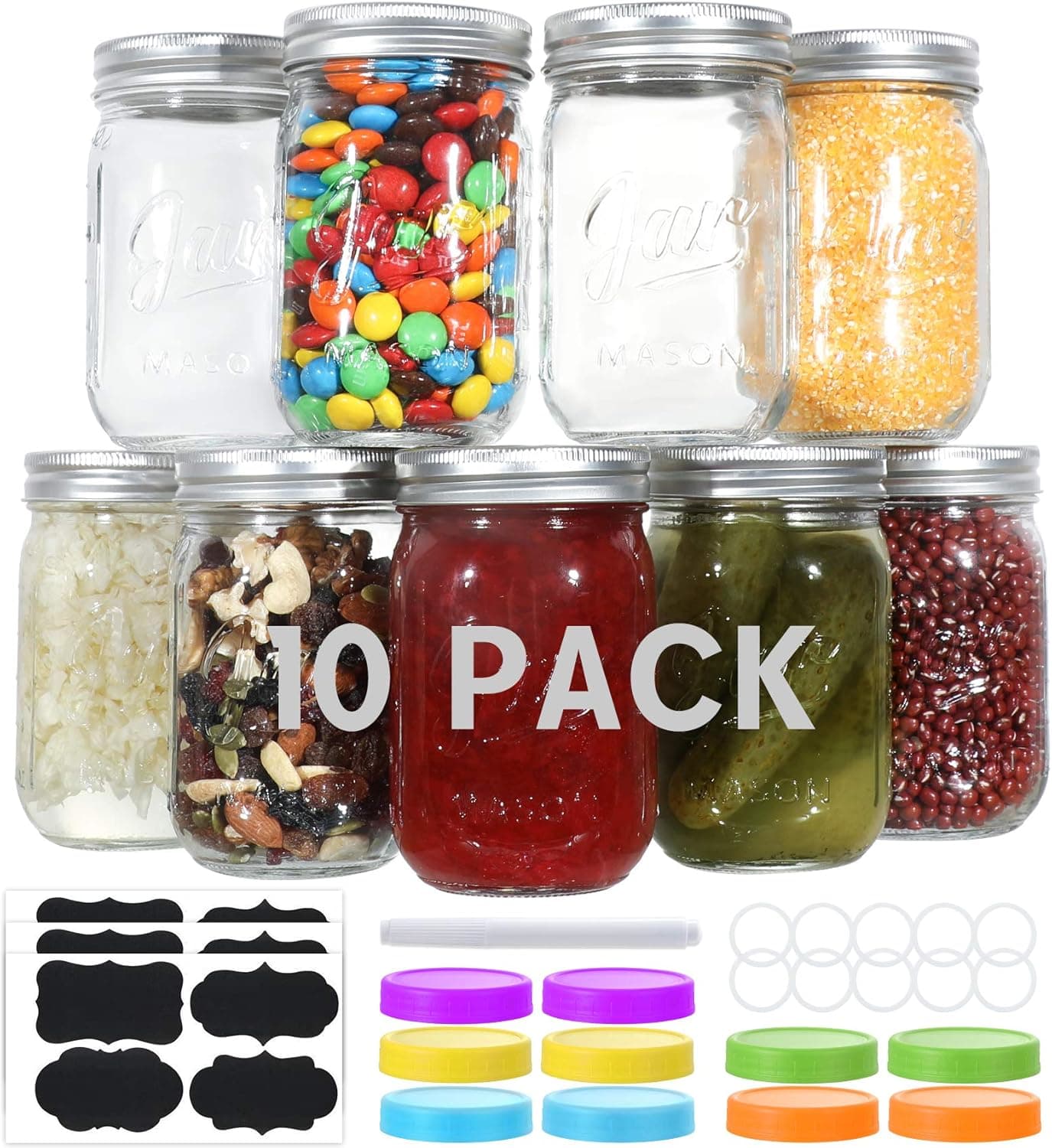 AOZITA Aozita10 PACK Glass Mason Jars 12 oz, Regular Mouth Canning Jars with Metal Airtight Lids, Leak-Proof Colored Lids, Chalkboard Labels, Marker, for Meal Prep, Food Storage, Canning, Preserving