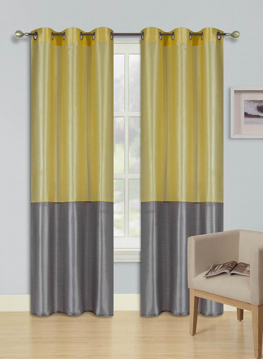 GorgeousHome (Heidi) 1 Yellow Silver Silky Drape Panel Top Chrome Metallic Grommet Window Curtain Treatment Drape 2 Shade Sizes 37" X Wide 63" 84" 95" 108" Length (37" X 108" X-Long)