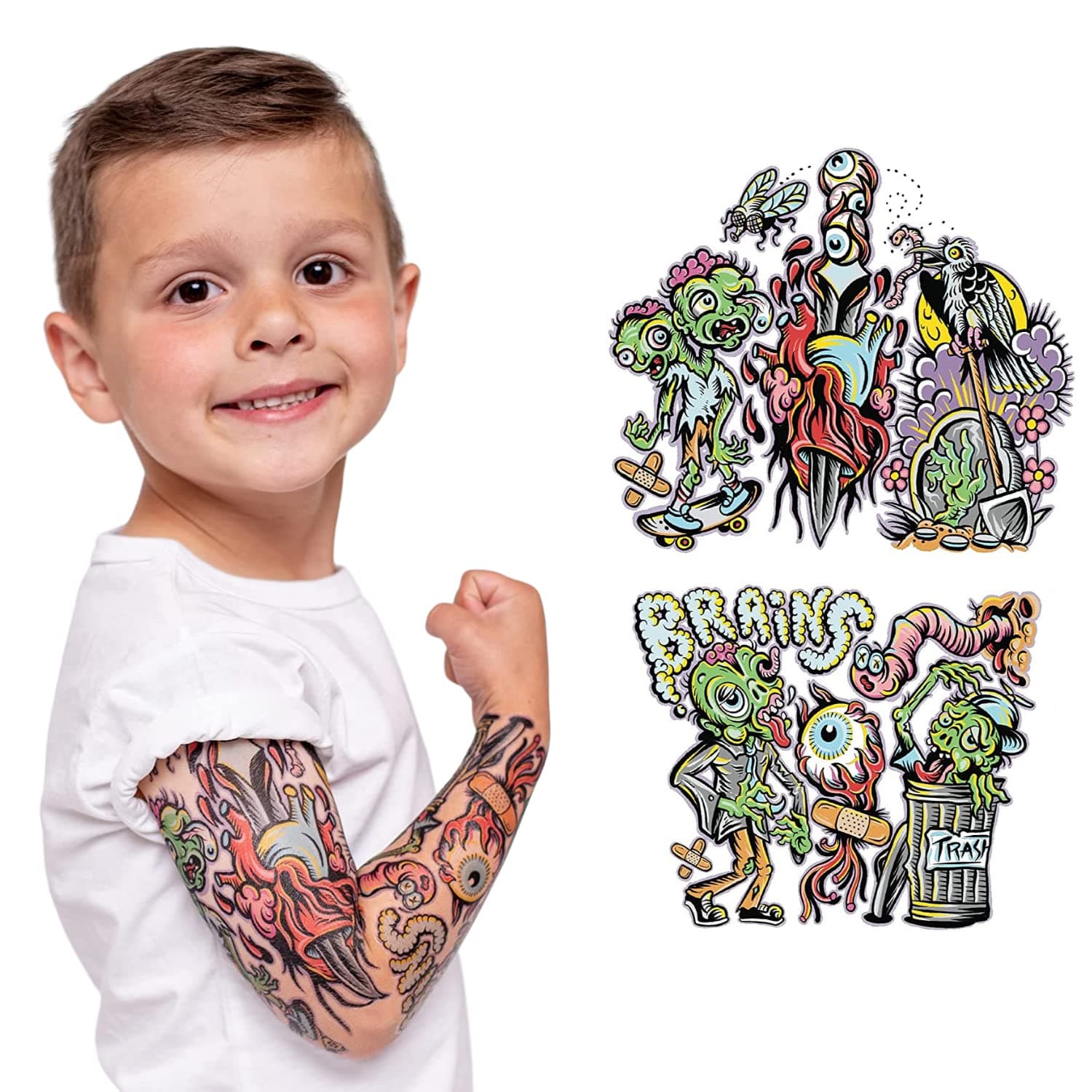 Tony Ray Temporary Tattoo Sleeve | Full Arm Design For Toddlers And Kids 3-12 | Premium, Waterproof, Designed By Real Tattoo Artists (8-12Y, Zombies)