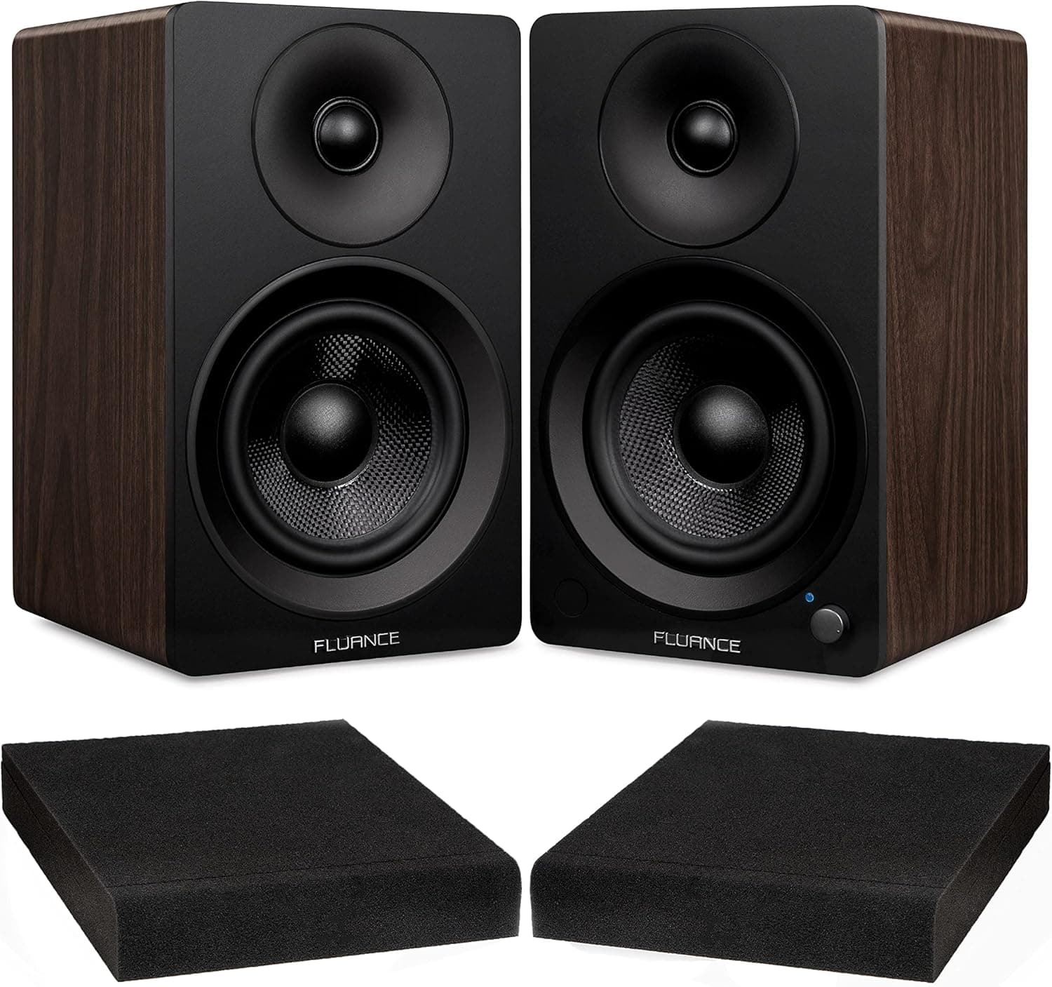 Fluance Ai41 Natural Walnut Powered 2.0 Stereo Bookshelf Speakers with 5" Drivers, 90W Amplifier for Turntable, TV, PC and Bluetooth 5 and High Density Acoustic Foam Isolation Pads 8.5" x 6.35"