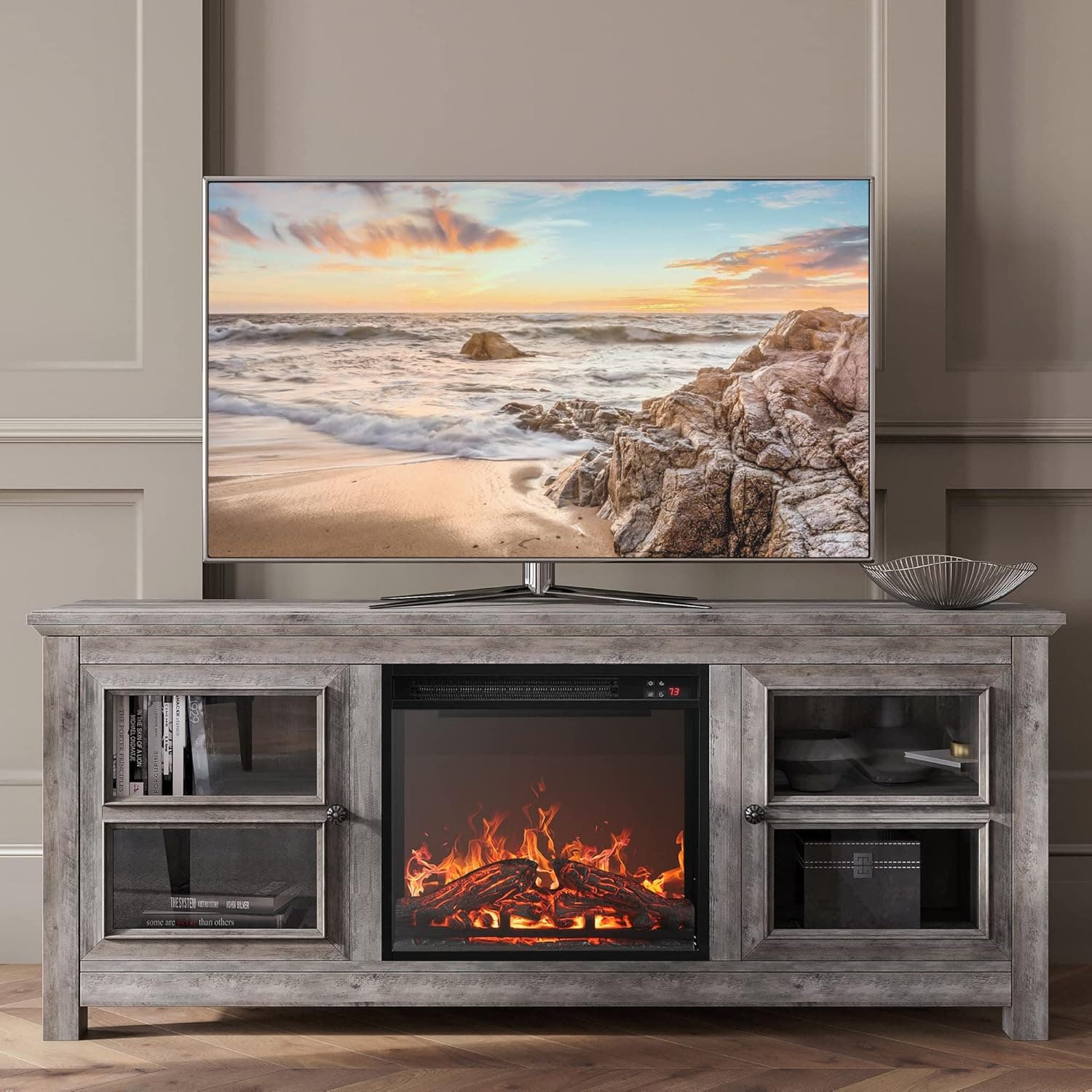 BELLEZE Modern 58 Inch Farmhouse TV Stand with 18 Inch Electric Fireplace & Media Entertainment Center Console Table for TV up to 65 Inch with Open Storage Shelves & Cabinets - Kenton (Gray Wash)