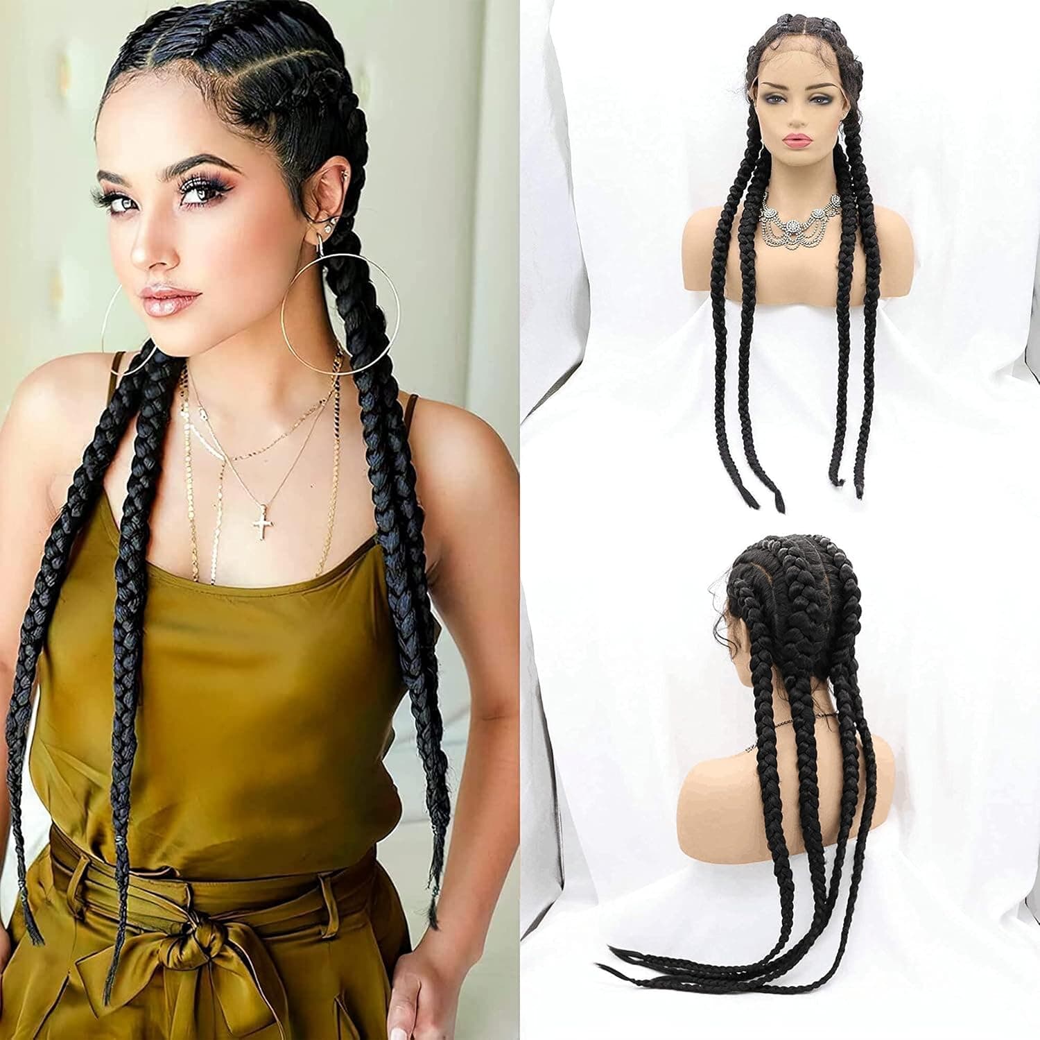 4 Twist Hand Braided Lace Front Wigs For Women Black Color Braids Wig with Baby Hair Heat Resistant Fiber Wig for Drag Queen (32 Inch, Black Color/lace front wig)