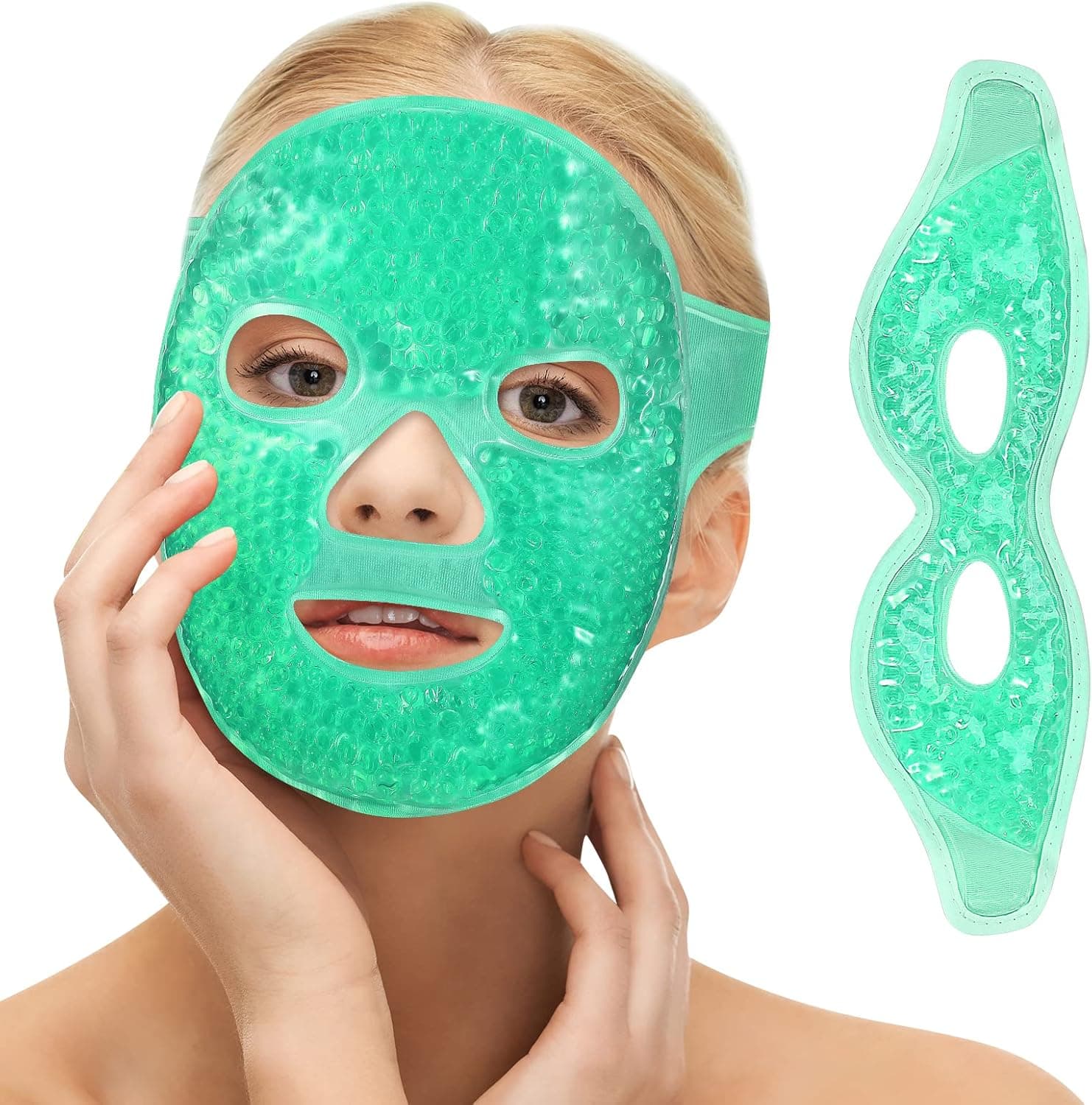 Ice Face Mask + Ice Eye Mask, Gel Face Mask Hot Cold Compress Therapy Reusable,Cooling Face Eye Mask for Pain Relief,Migraines,Headaches,Puffiness (Green)
