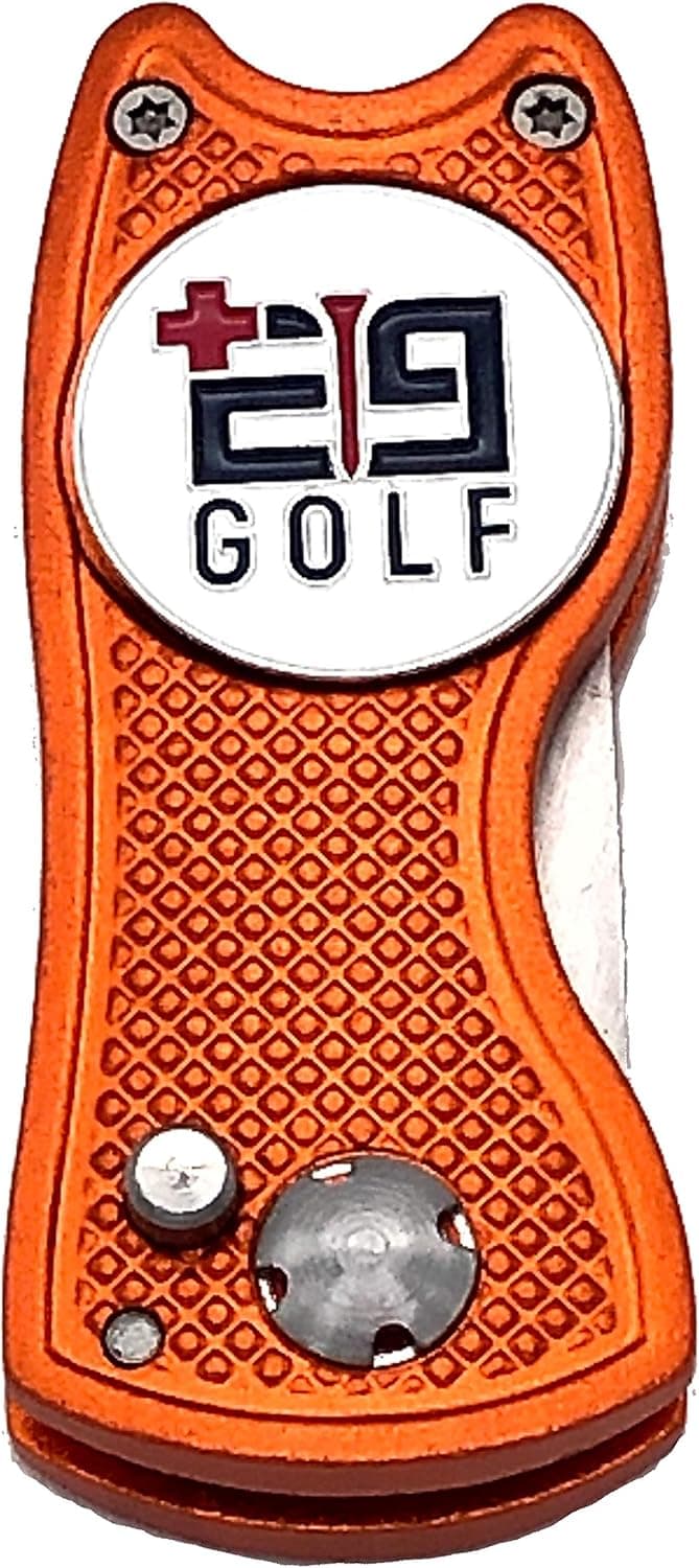E9 GOLF Stainless Steel 3 in 1 Divot Repair Tool with Removable Magnetic Ball Marker Coin, Foldable Switchblade with Pop Up Release Button, Durable Aluminum 1 Inch Fork, Lightweight & Compact