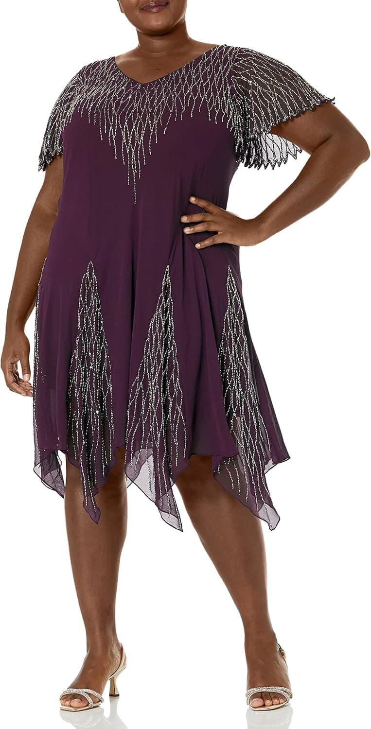 J Kara Women's Plus Size Short Beaded Godet Dress
