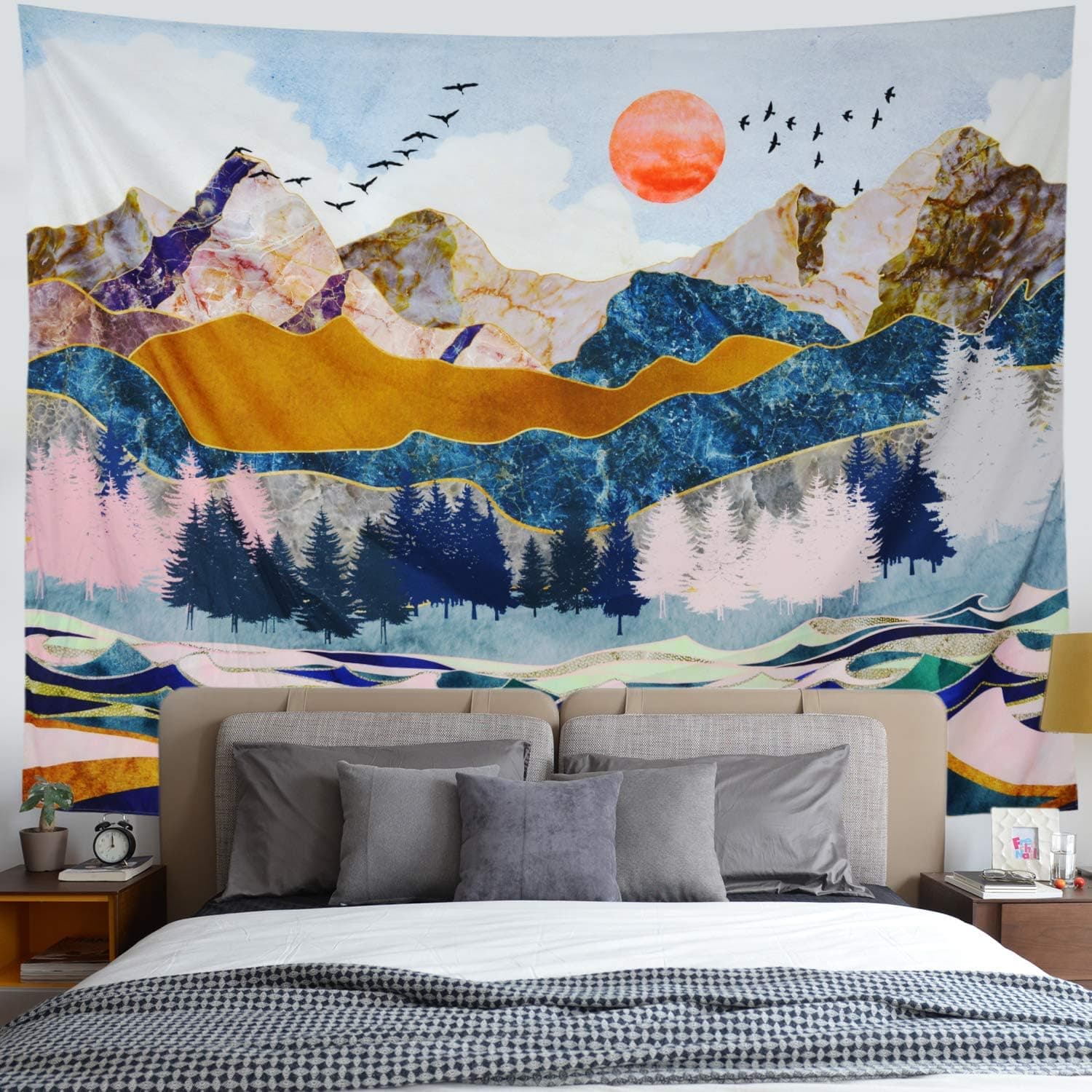 Gusatanhati Mountain Tapestry Sunset Tapestry Abstract Wave and Forest Trees Tapestry Nature Landscape Tapestry Wall Hanging for Dorm Bedroom (M-W59.1" × H51.2, Sunset)