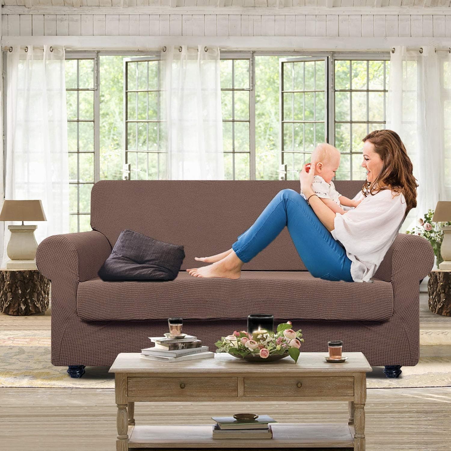 HEBE Stretch Couch Cover 2 Pieces Set Water Repellent Loveseat Slipcover for 2 Cushions Love Seat Couch Throw Covers Furniture Protector for Living Room Pets Dog Cat,Coffee