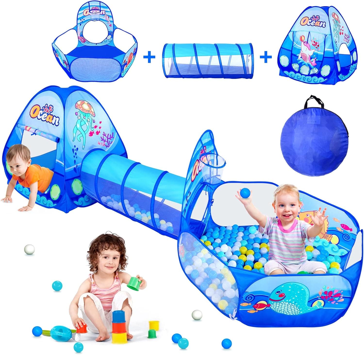 PigPigPen 3 in 1 Kids Play Tent with Play Tunnel, Ball Pit, Basketball Hoop for Boys & Girls, Toddler Pop Up Playhouse Toy for Baby Indoor/Outdoor, Gift for Year Old Child (3 in 1 Kids Play Tent)