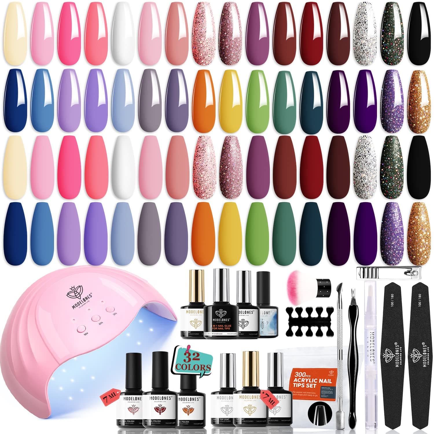 Modelones 32 Colors Gel Nail Polish Kit with U V Light Gel Nail Polish Set, 48W Nail Dryer/Base Top Coat/4-in-1 Glue Gel/Bond Primer/Blooming Gel/Nail Tips/Integrated Manicure Tools/Nail Art DIY Gift for Women