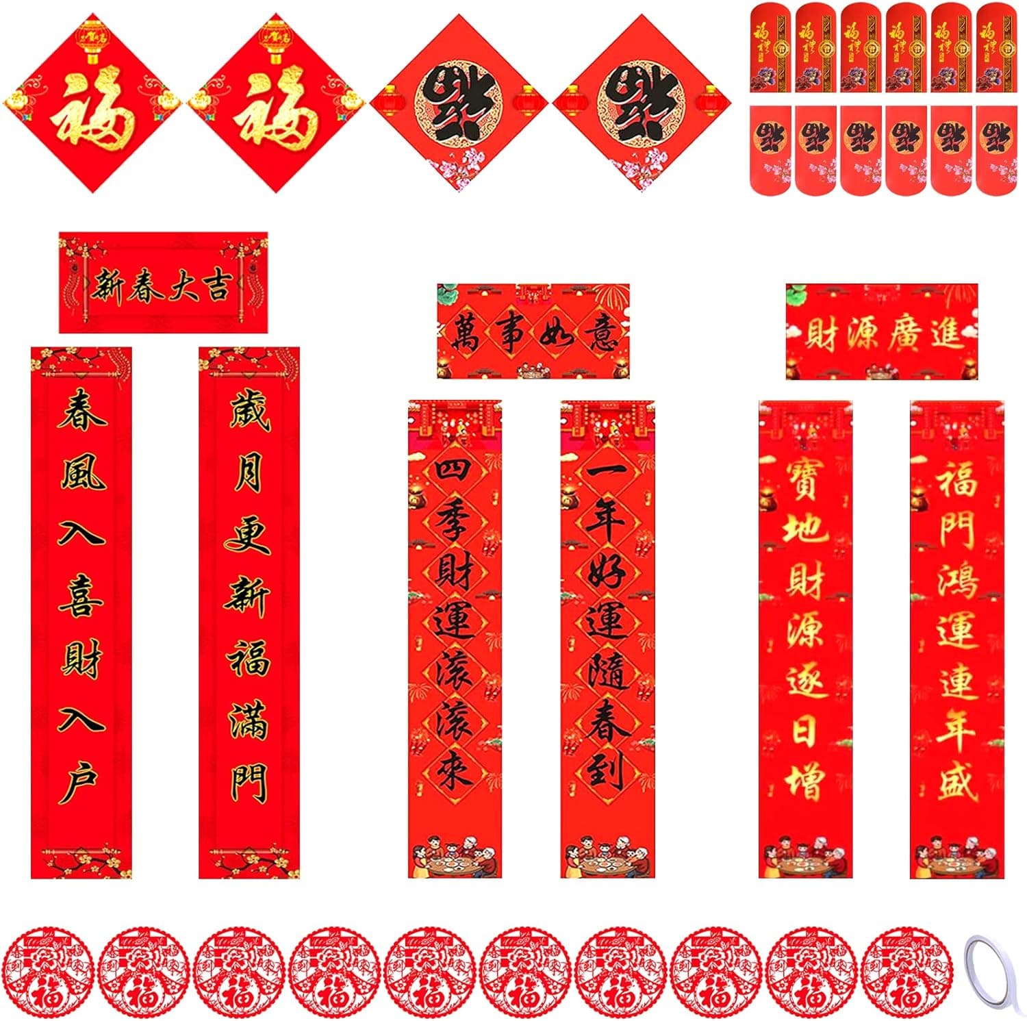 Chinese New Year Decorations 2023 Spring Festival Couplets Red Paper Chinese Fu Stickers Window Decorations,Lunar New Year Decor (8.2*46.4 Inch)