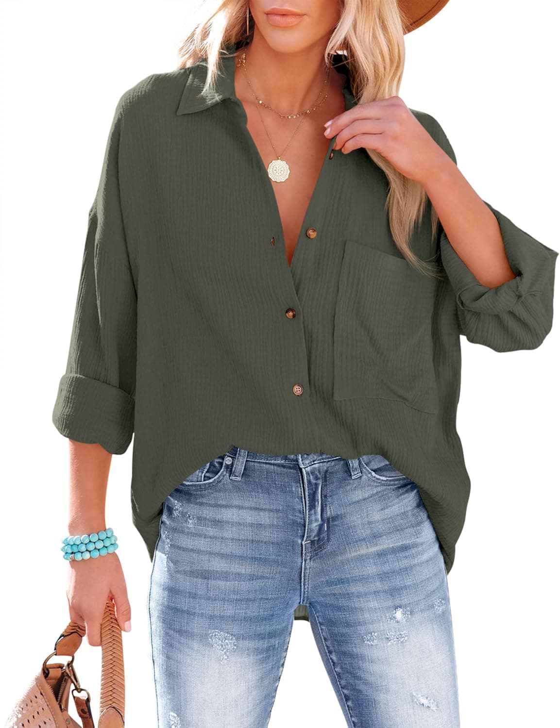AISEW Womens Button Down Shirts Casual V Neck Long Sleeve Loose Fit Collared Plain Blouses Tops with Pocket