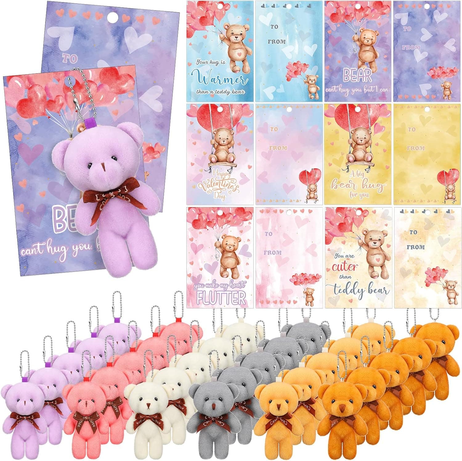 36 Pack Valentines Day Gifts Cards for Classroom with Bear Stuffed Animals Plush Toy Key Chain in Bulk Valentine Exchange for Toddlers Girls Boys School Class Classroom Party Favors