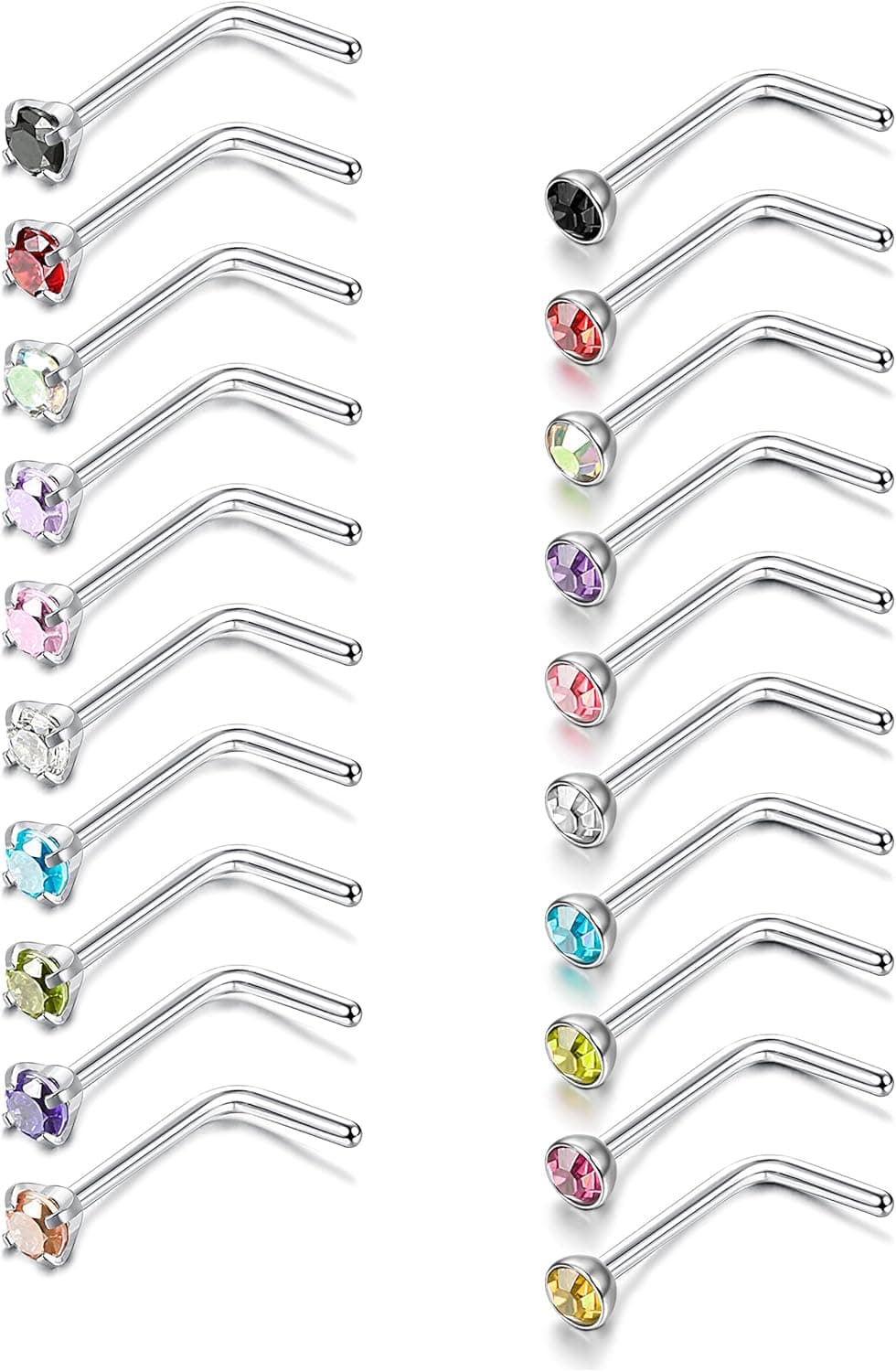 Thunaraz 20Pcs Surgical Steel L Shaped Nose Ring Stud 20G CZ Nose Piercing Jewelry