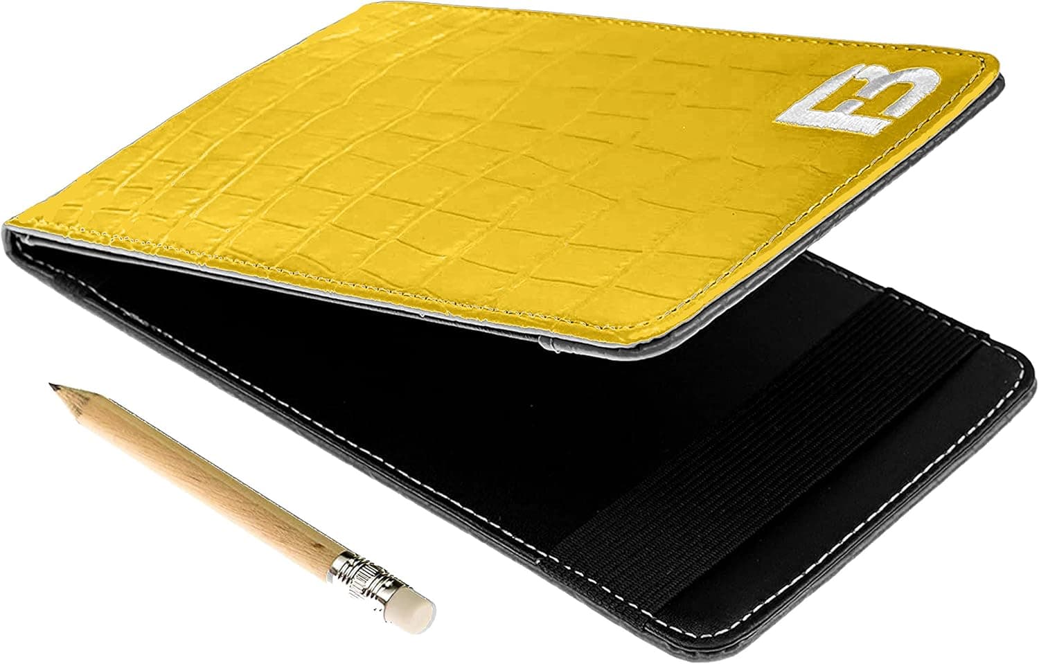 Quality Leather Golf Scorecard Holder - Yardage Book Cover Plus Free Golf Pencil and Downloadable PDF Stat Tracker Sheet (Yellow)