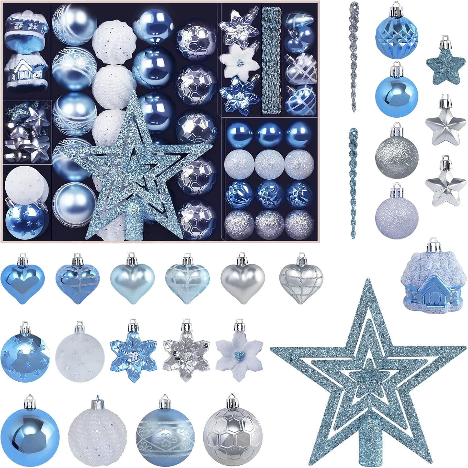 MoonXmas Christmas Ball Ornament Set, 88Pcs Plastic Shatterproof Christmas Xmas Tree Hanging Decorations, for Indoor Home Thanksgiving Halloween Party Decor - Blue/Silver.
