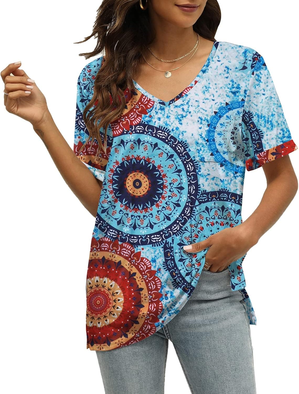 JULYCLO Women's Short Sleeve Tops Summer V Neck Casual T-Shirt Loose Side Split Basic Tee with Pocket
