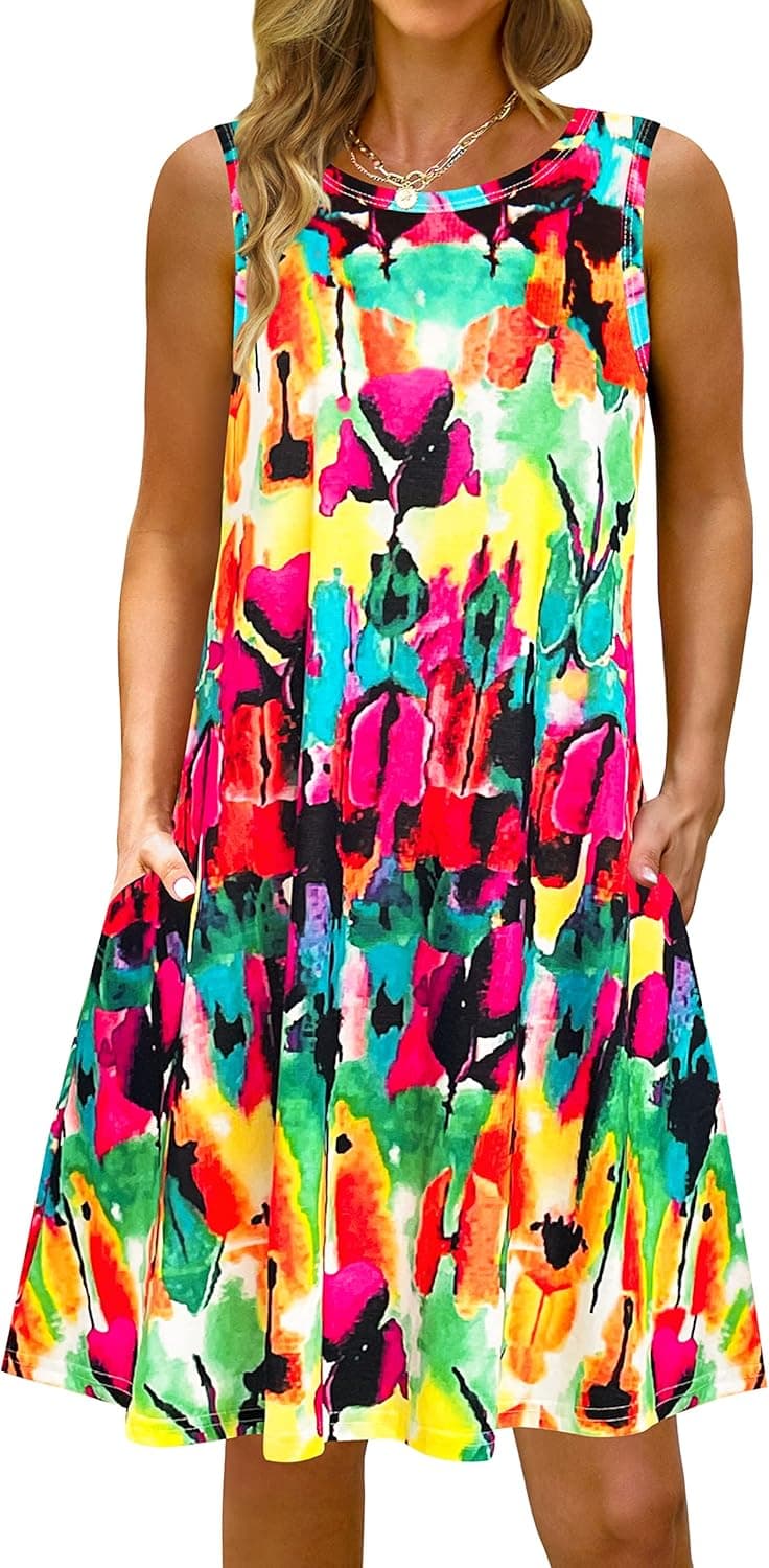 Summer Casual Tshirt Dresses for Women Swing Sun Dress Beach Swimsuit Cover Ups with Pockets