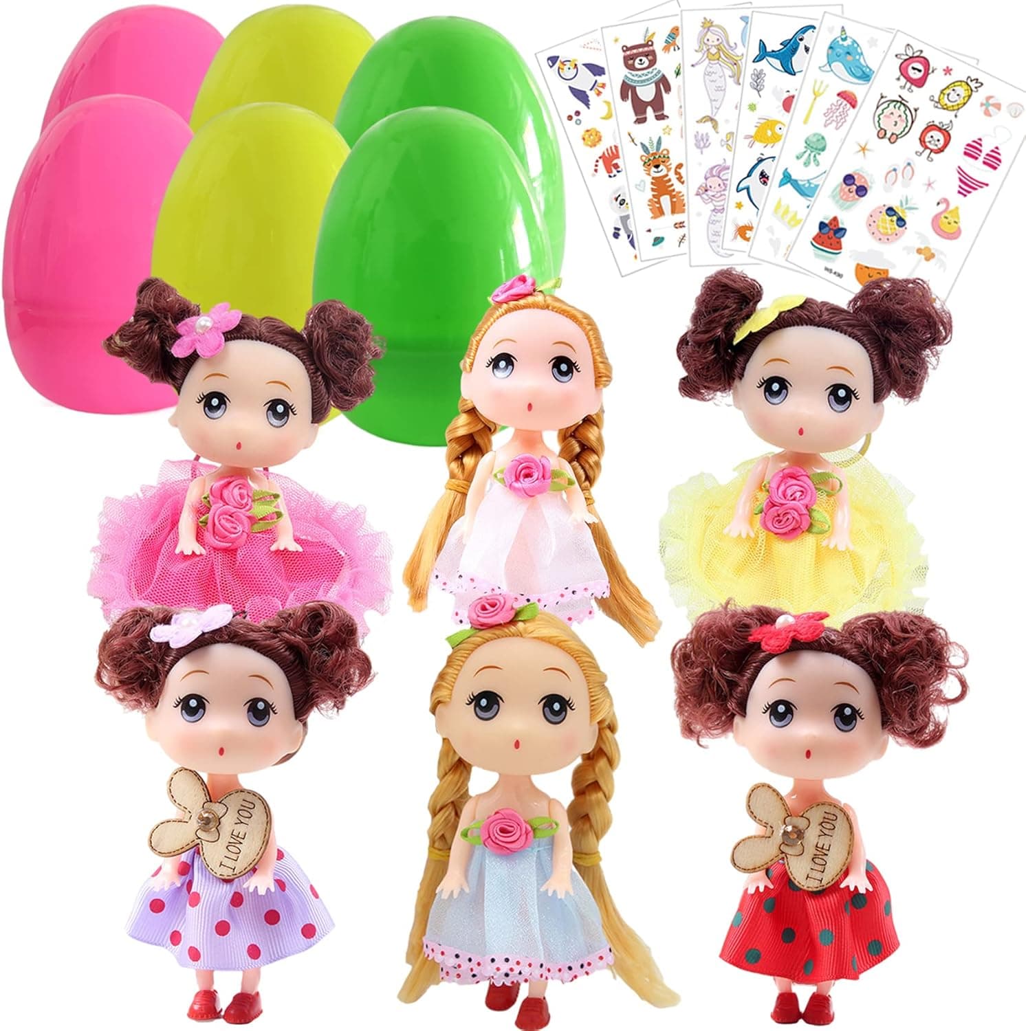Easter Eggs, Easter Basket Fillers, 6 Pack Jumbo Prefilled Surprise Eggs with Cute Beauty Doll Inside, Kids Plastic Easter Egg Toys for Easter Hunts, Basket Stuffers, Easter Party Favor with Stickers