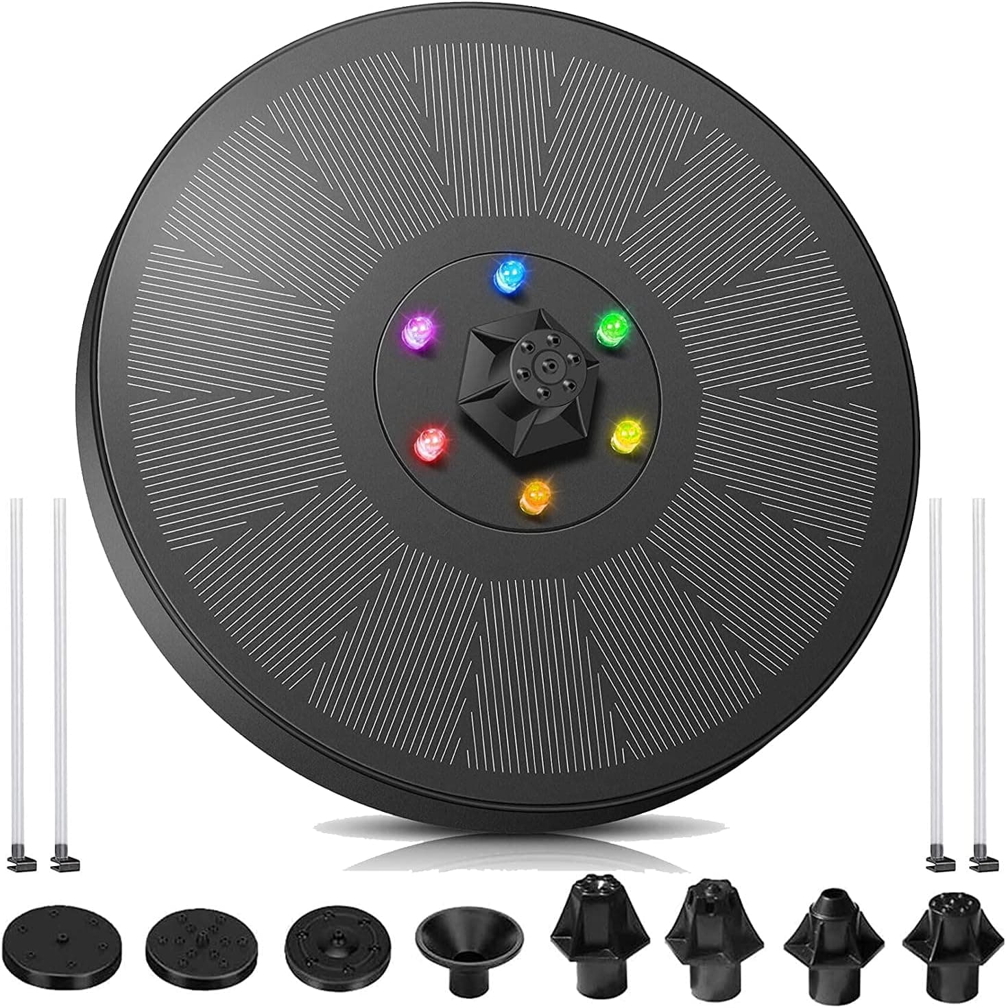 JOJOTOP Solar Fountain Pump for Bird Bath, 3W Water Fountain Pump with 6 LED Lights & 7 Nozzles, Floating Solar Powered Water Pump with Long Standby Battery Backup for Pond Pool, Birdbath, Garden