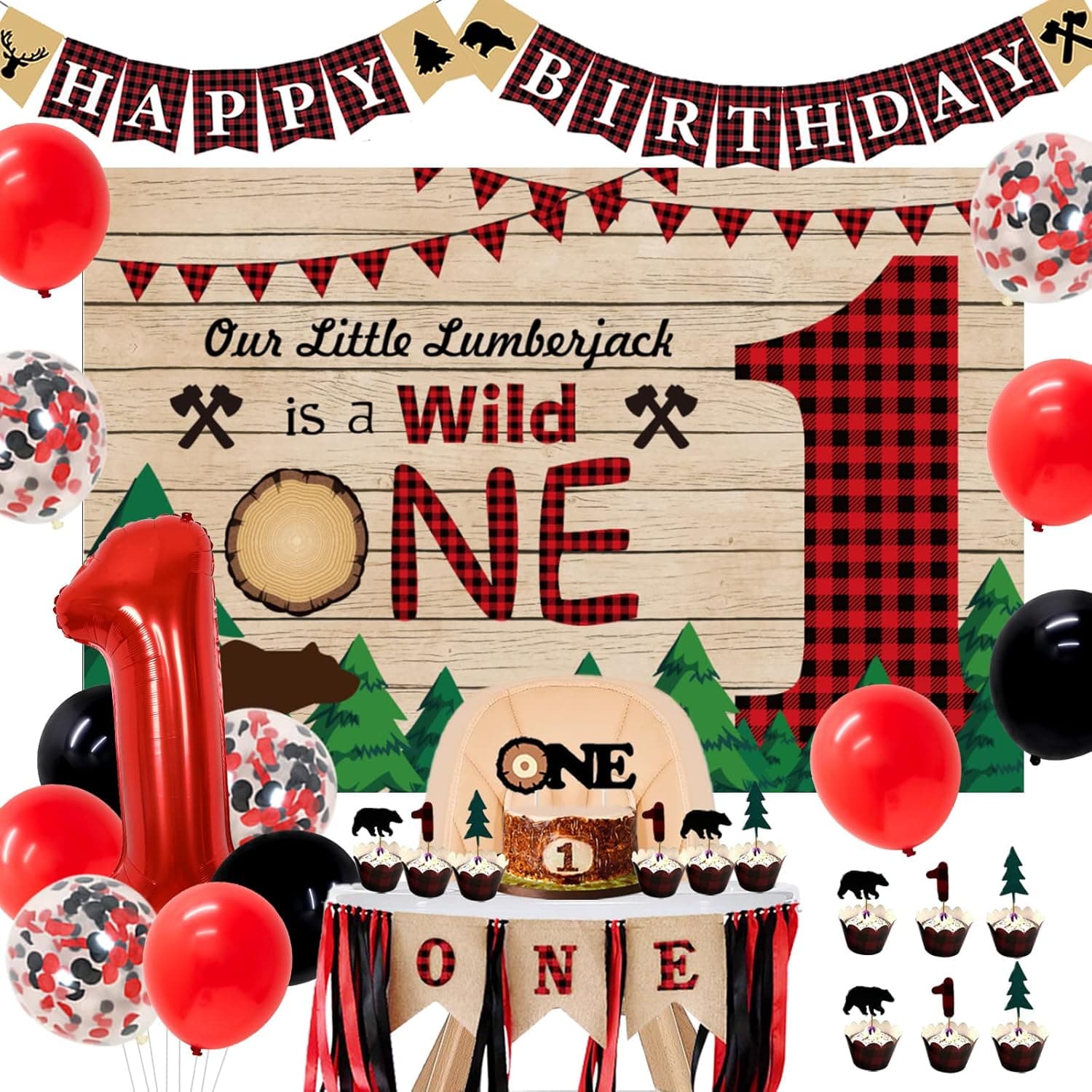 Lumberjack First Birthday Party Decorations, Buffalo Plaid Camping Backdrop Wild one Happy Birthday One High Chair Banner for Bear 1st Birthday Party supplies