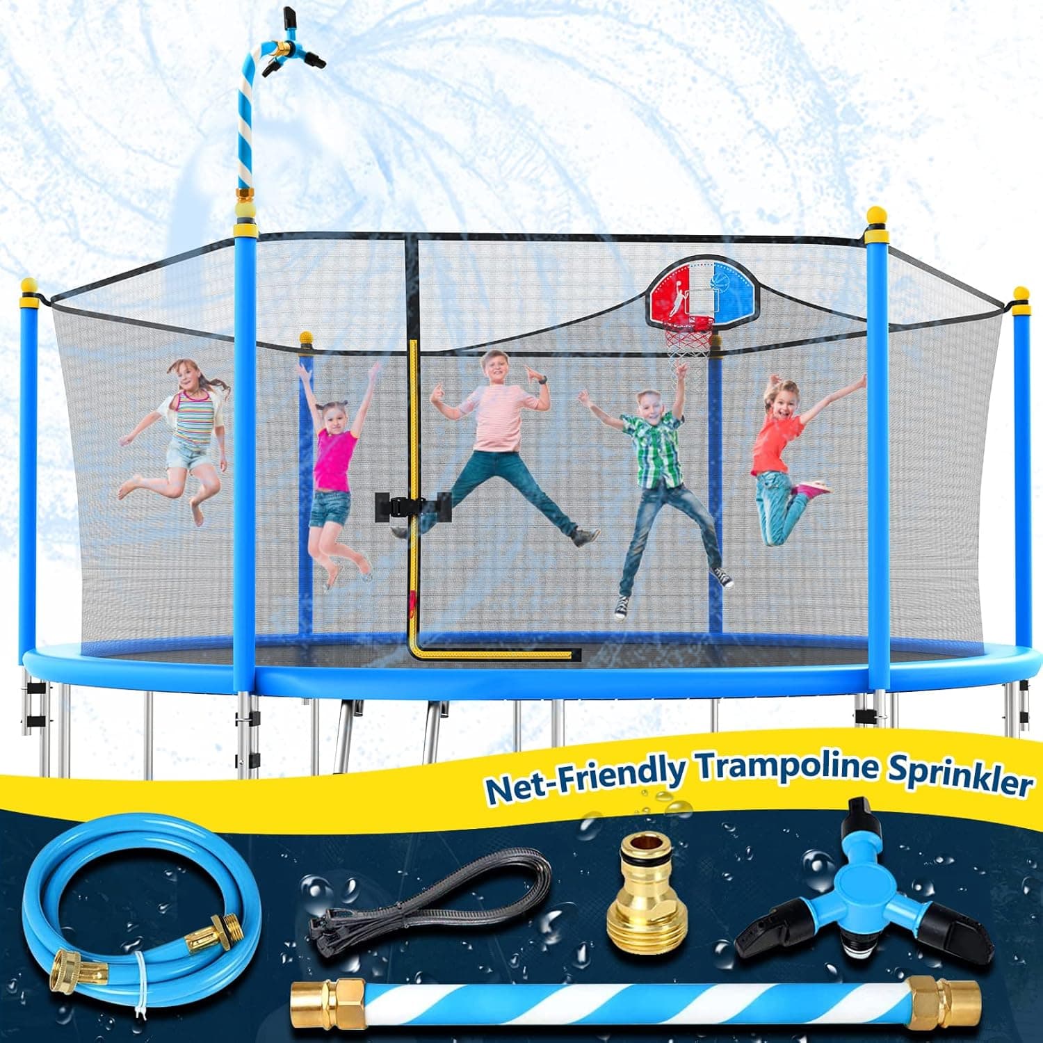 Vantic Trampoline Sprinkler, Net Friendly Trampoline Water Sprinkler for Kids, 360° Rotating Sprinkler for Trampoline, 5 Minutes Quick Setup Trampoline Accessories for 10-16ft Trampoline,Blue