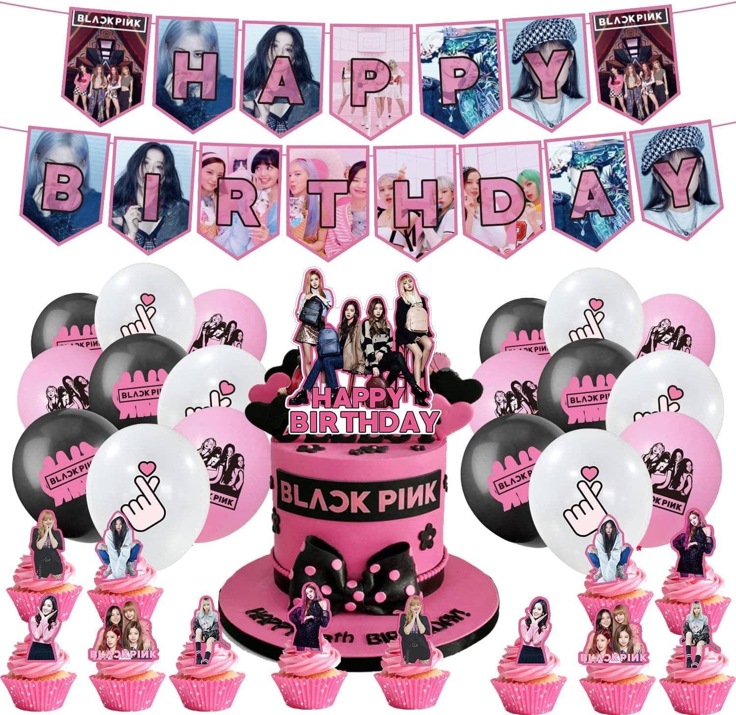 48Pcs Blackpink Birthday Party Decorations Supplies with Happy Birthday Banner,Cake Topper,Balloons,Stickers for Girls