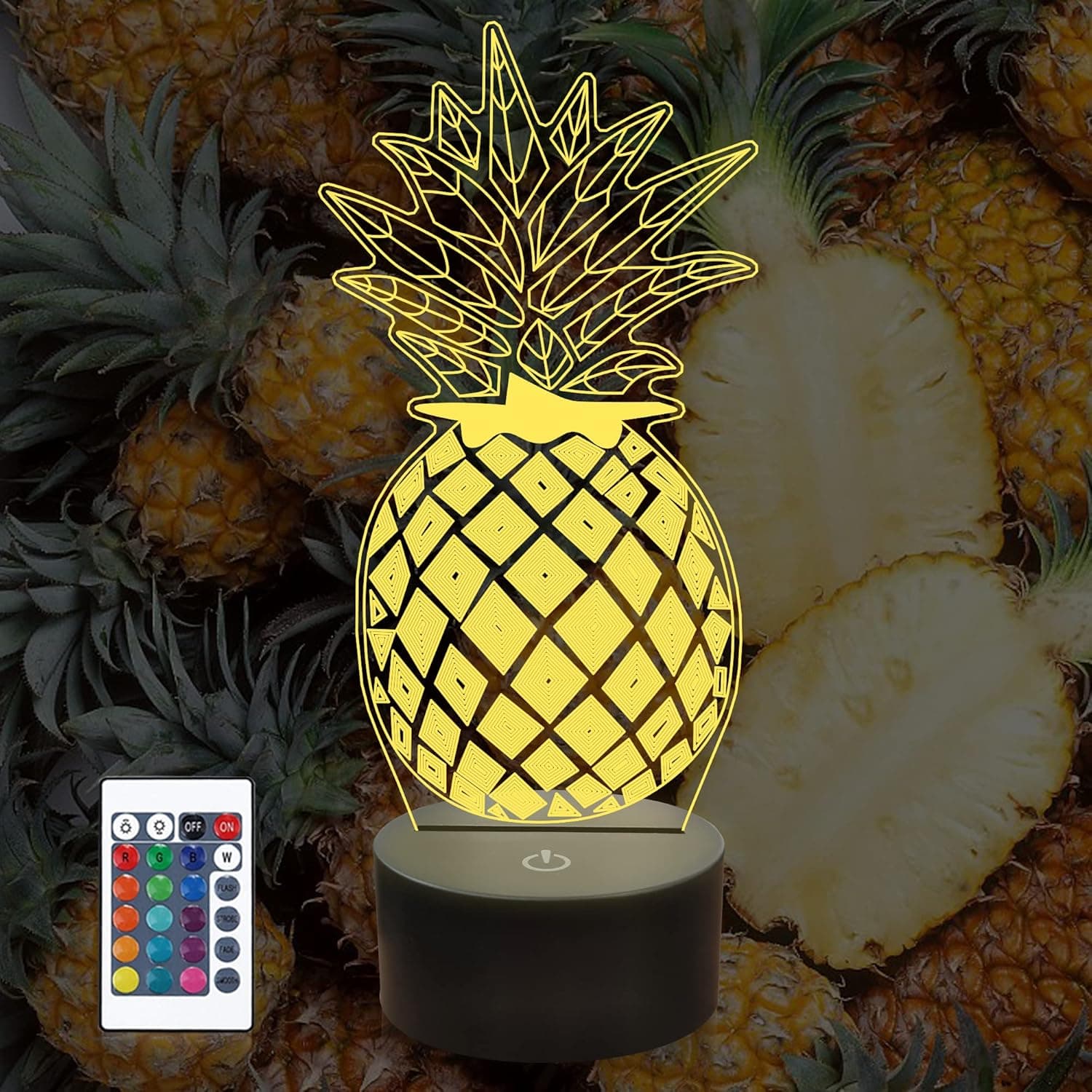 Lampeez Pineapple 3D Night Light with Remote Control, 16 Colors Chaning 4 Flashing Mode, Birthday Xmas Valentine's Day Gift Idea for Boys Girls