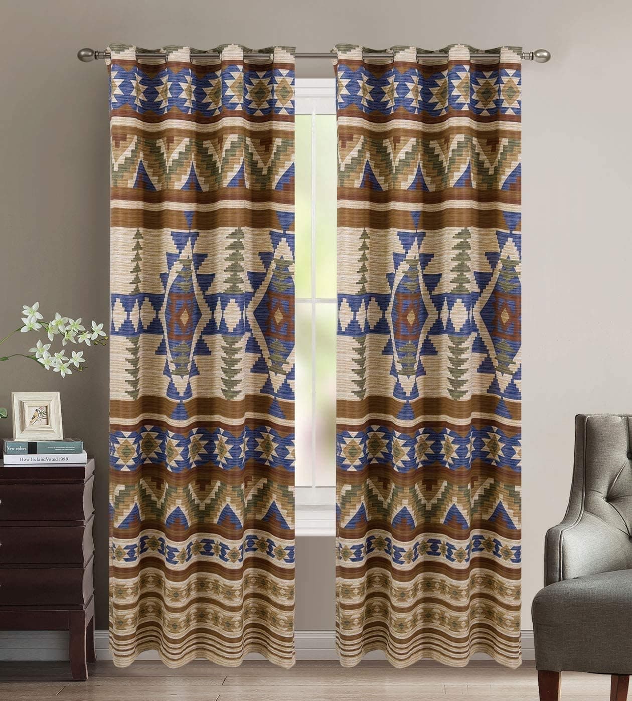 AZORE LINEN Thermal Insulated Room Darkening Grommet Window Curtains Set Decorated in Southwestern Patterns and Rustic Colors of Beige Blue Green and Taupe (Austin Taupe)
