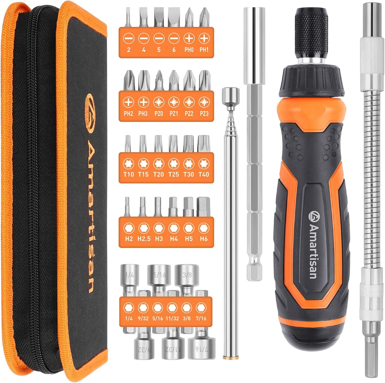 Amartisan Magnetic Ratchet Screwdriver Set, 34-Piece Multi-bit Ratchet Screw Drivers, Slotted/Philips/Pozi/Torx/Hex